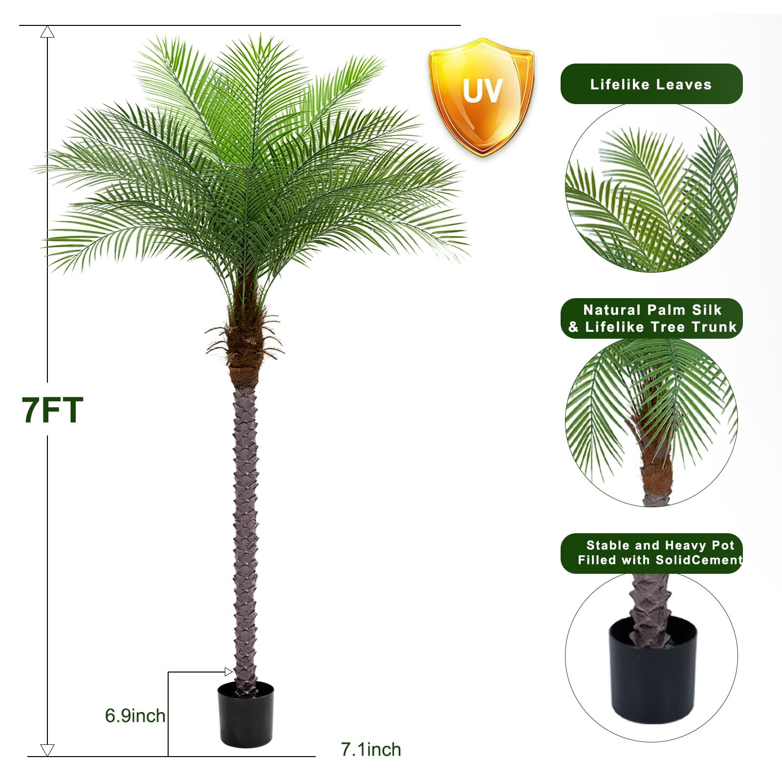 Phoenix artificiale da 2,1 m, finta seta di cocco, pianta di palma tropicale finta per interni ed esterni, casa, ufficio, patio, bagno, piscina, decorazione costiera (set da 2)