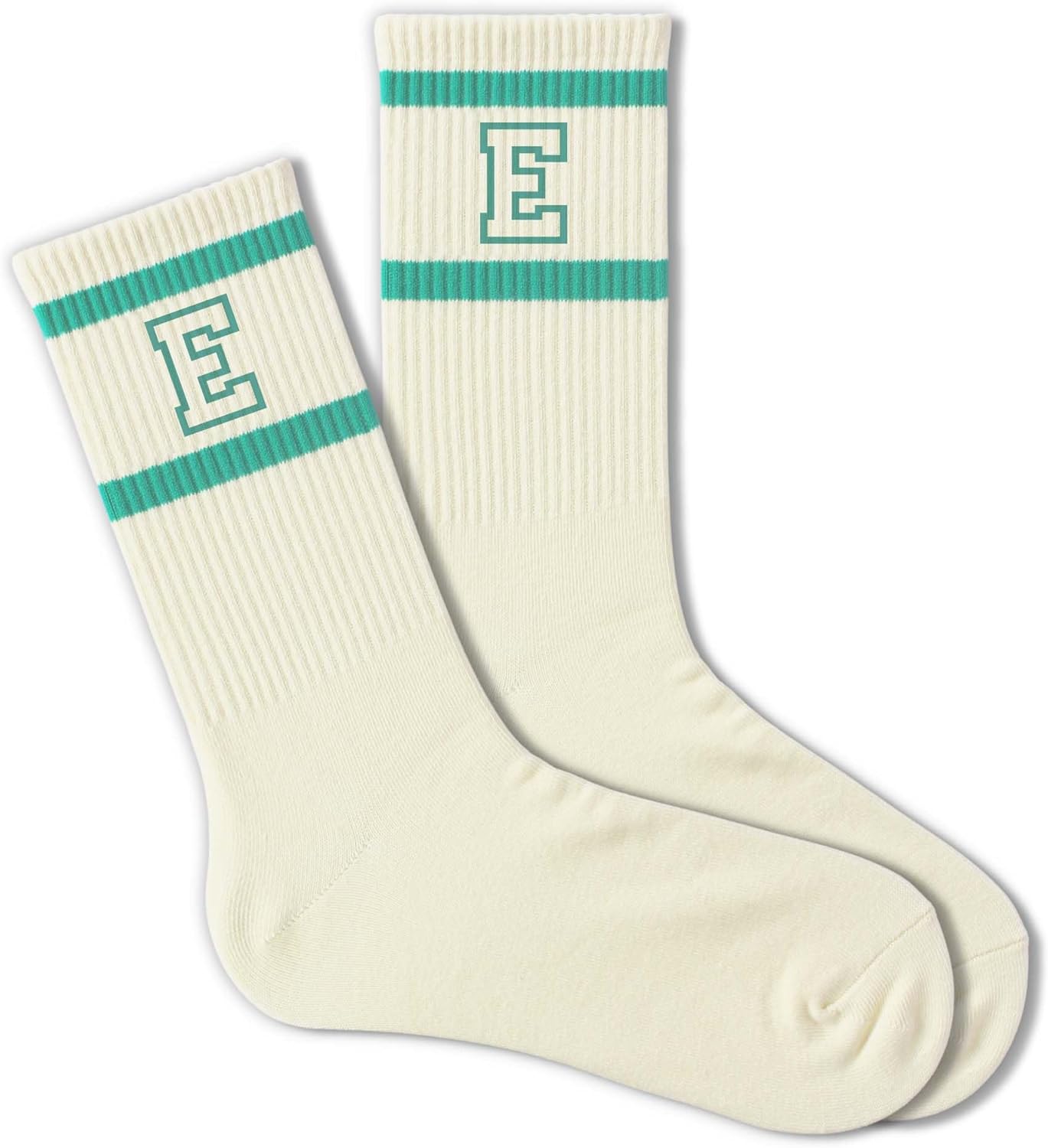 Forest Green and White Striped Crew Socks with the Letter， Classic Varsity Sports Style Monogram Socks - Image 2