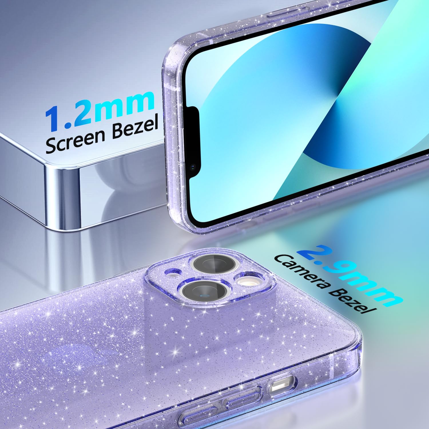 Cover Compatibile con iPhone 13 Custodia Glitter, 2 Pezzi Pellicola Protettiva in Vetro Temperato, Brillantini Custodia Morbido TPU Protezione Trasparente Antiurto Case - Viola