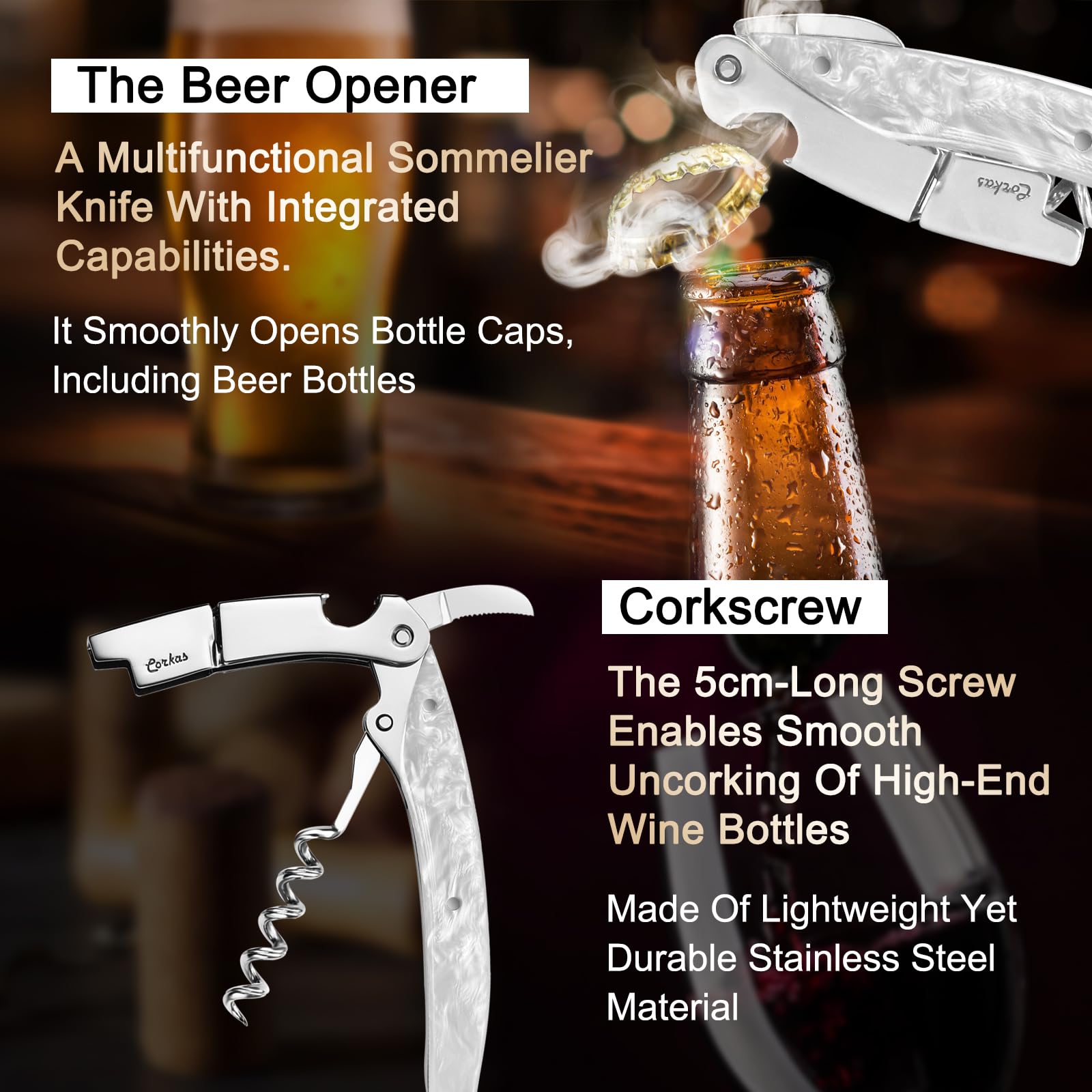 Cavatappi Professionale CORKAS Per Vino - A Leva, Con Coltello E Apribirille, Manico In Legno