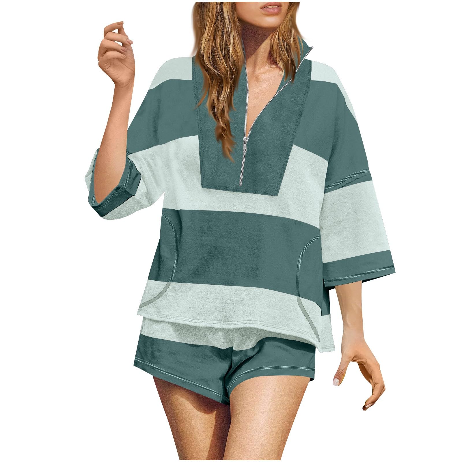 Quarter Zip Striped Activewear Set for Women Sporty Pullover and Shorts Tennis Two Piece Matching Suit