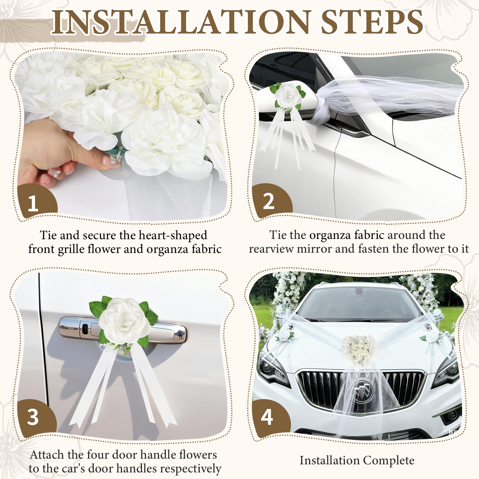Décoration de Voiture en Forme de Cœur pour Mariage, Kit avec 1 Guirlande Cœur, 4 Fleurs pour Poignées de Porte, 2 Bandes de Tulle (1,8m) pour Enterrement de Vie de Jeune Fille & Cérémonie