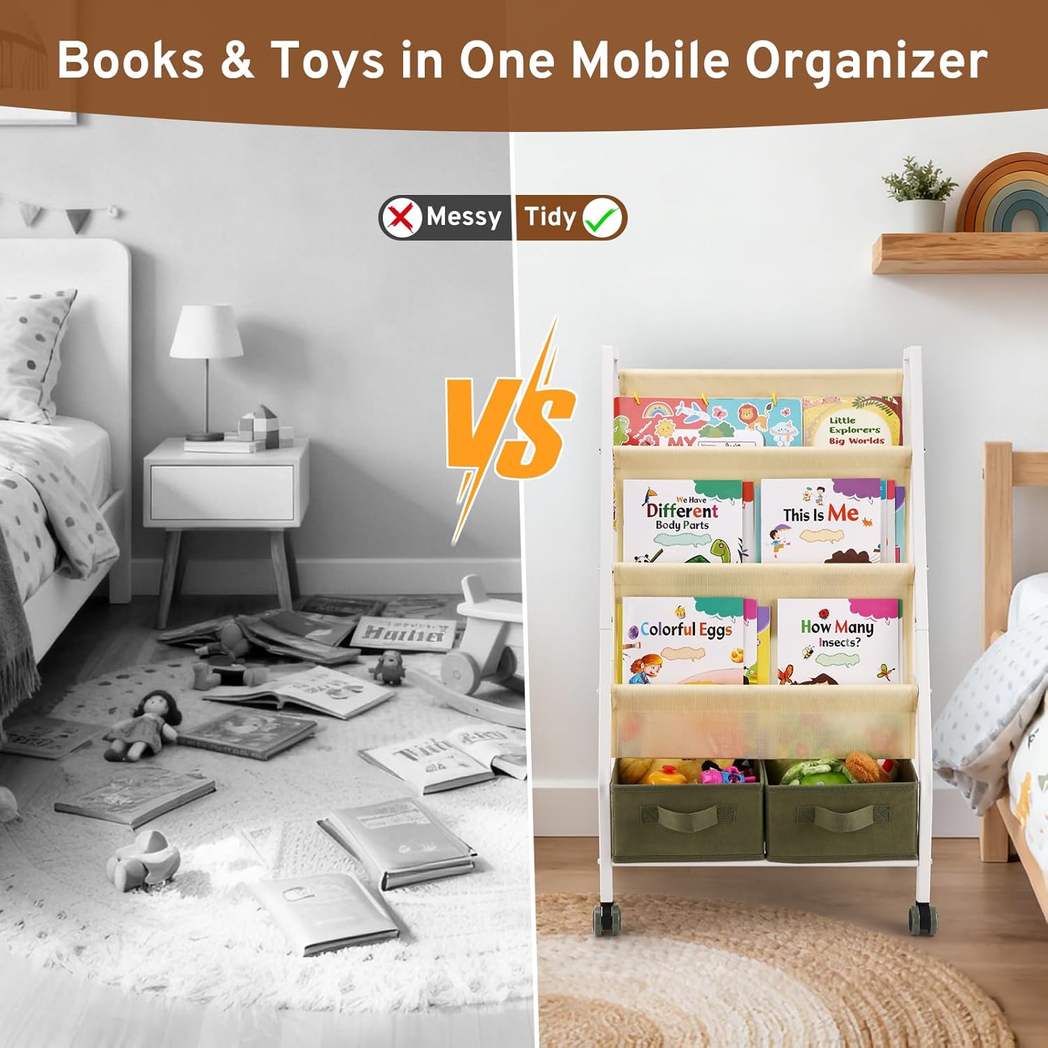 3-Tier Kids Bookshelf with Storage, Wheels & Handle, Montessori Sling Book Organizer for Toddlers, Easy-to-Move Book Shelf, Nursery Bedroom Bookshelf