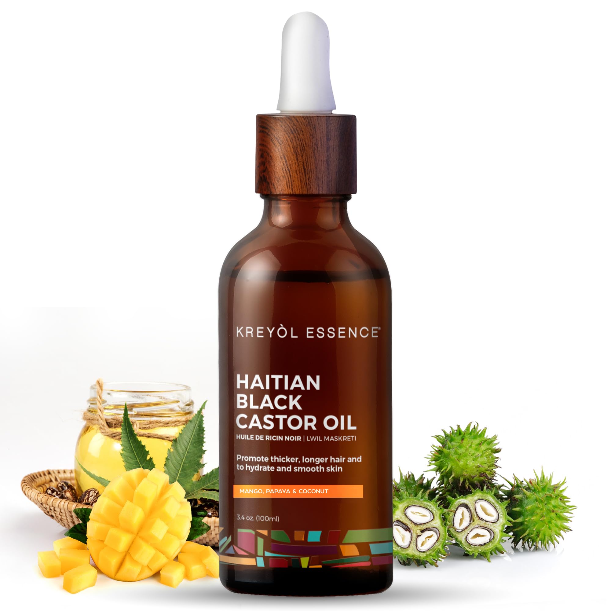 Kreyol Essence - Haitian Black Castor Oil for Skin and Hair, Glass Bottle - Cold Pressed, Hexane Free, Fuller-Looking Hair, Natural Humectant, Mango