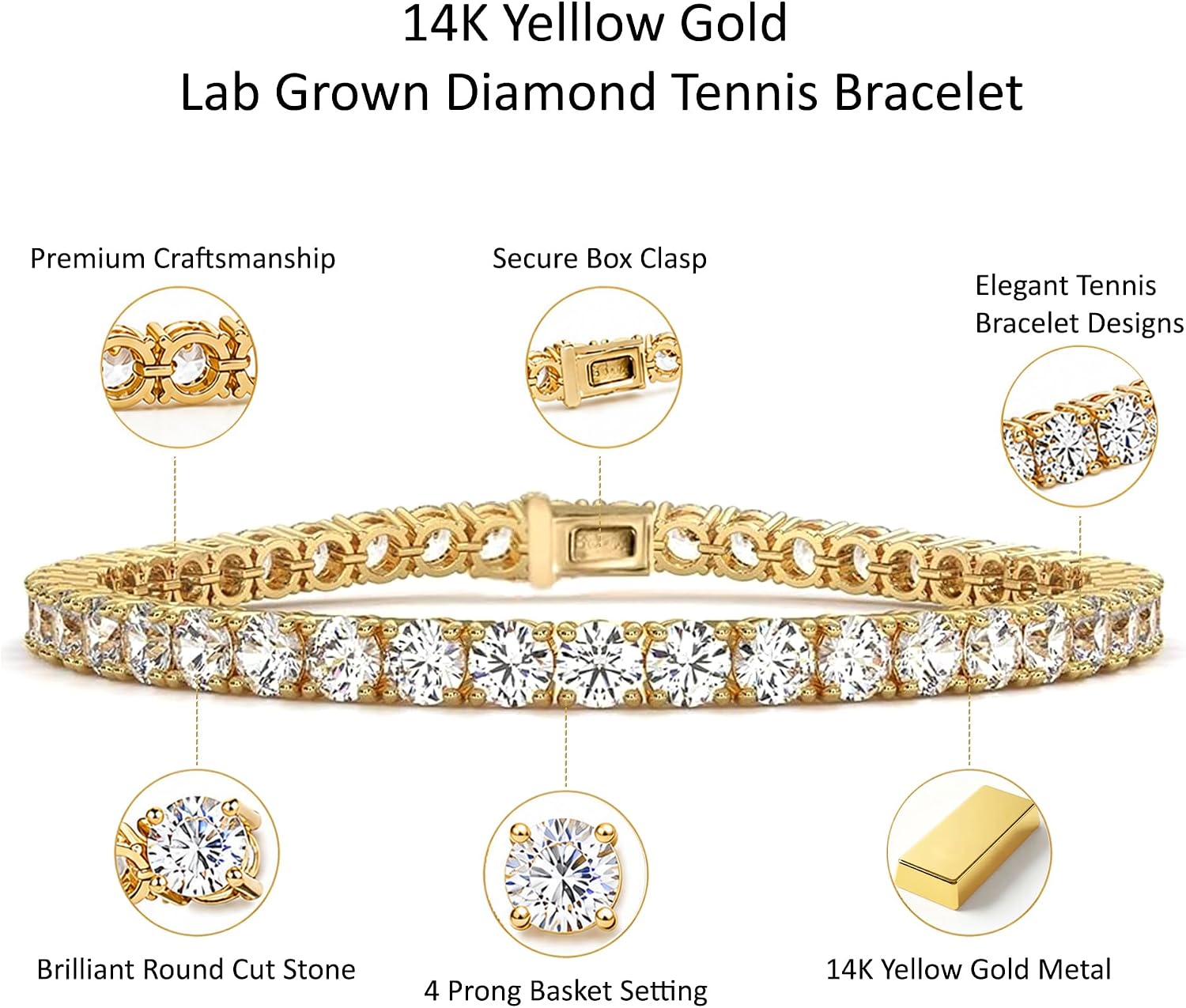 Diamond2Deal 14k Gold and Silver Round Cut Lab Grown Diamond Tennis Bracelet (1ct to 20ct, Color-D, Clarity- VS)