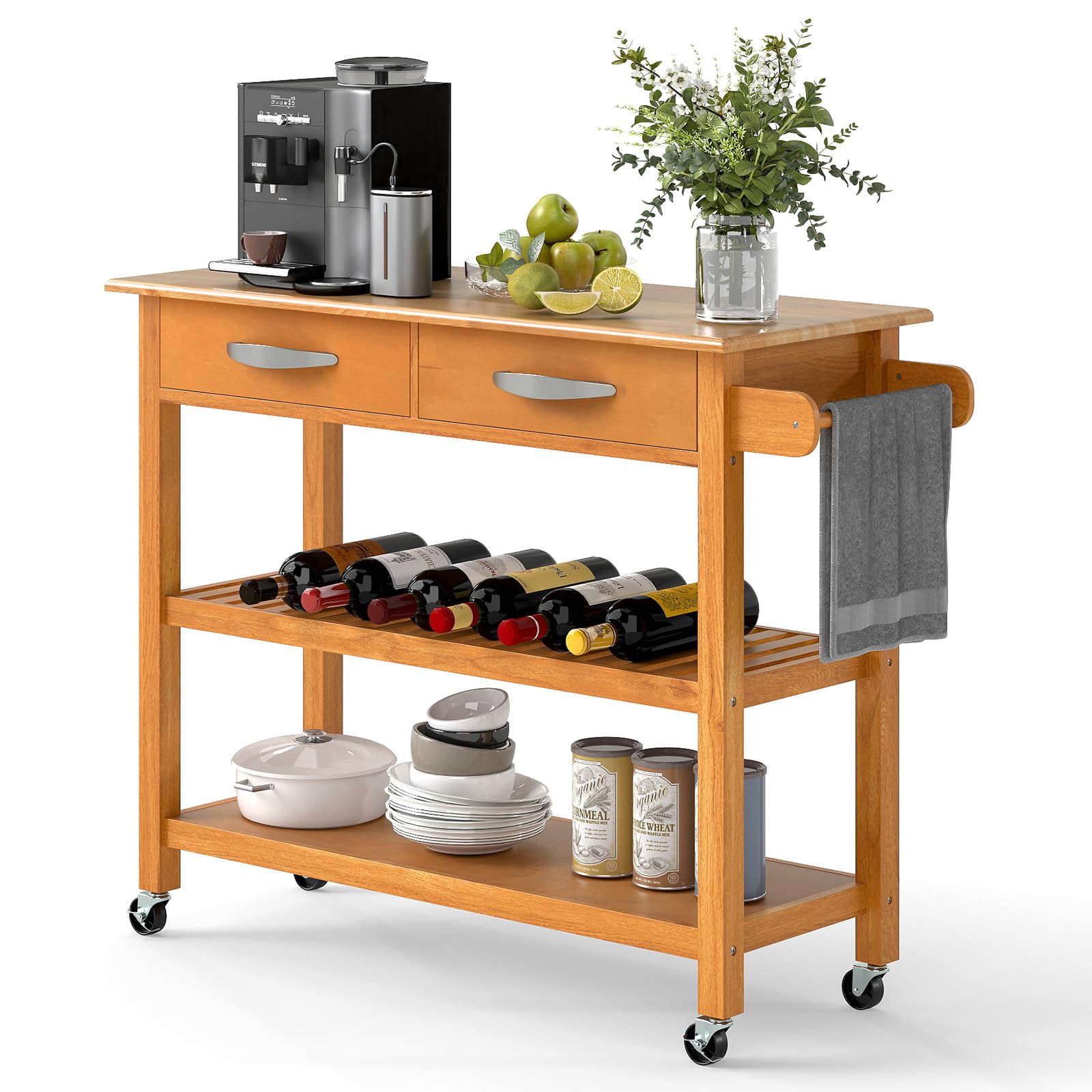 TANGZON Kitchen Island Cart, 3-Tier Rolling Storage Trolley with Rubber Wood Countertop, 1/2 Drawers, Side Handle & Wheels, Utility Serving Cart for Dining Living Room (Natural, 116x 43x 89cm)