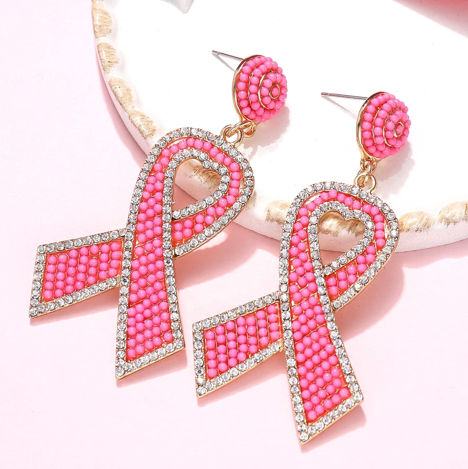Pink Ribbon Breast Cancer Earrings Breast Cancer Awareness Earrings Gold-plated Rhinestone Beaded Drop Earrings for Women Breast Cancer Survivors Jewelry Gifts - Image 6