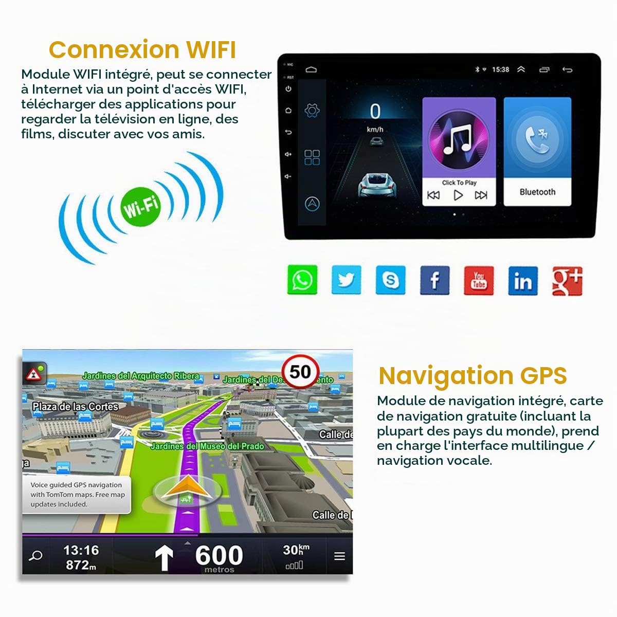 10 Pouces Android 8.1 Universel Autoradio Android Autoradio Lecteur GPS Navigation WiFi Bluetooth MP5 Player