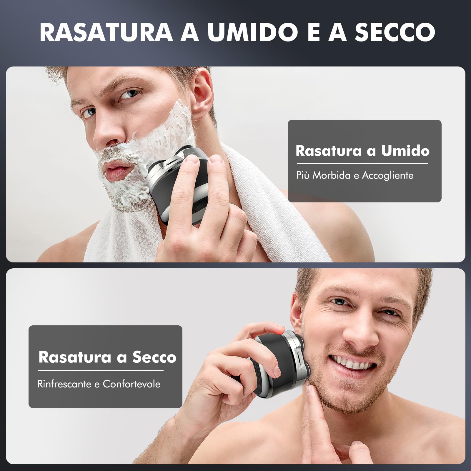 Rasoio Testa Calva, Rasoio Elettrico Barba, 5D Rasoio Capelli Uomo Testa con Rasoio Testa Magnetiche, Wet & Dry 100% Lavabile, USB Ricaricabile Senza Fili MOJO 1 2K