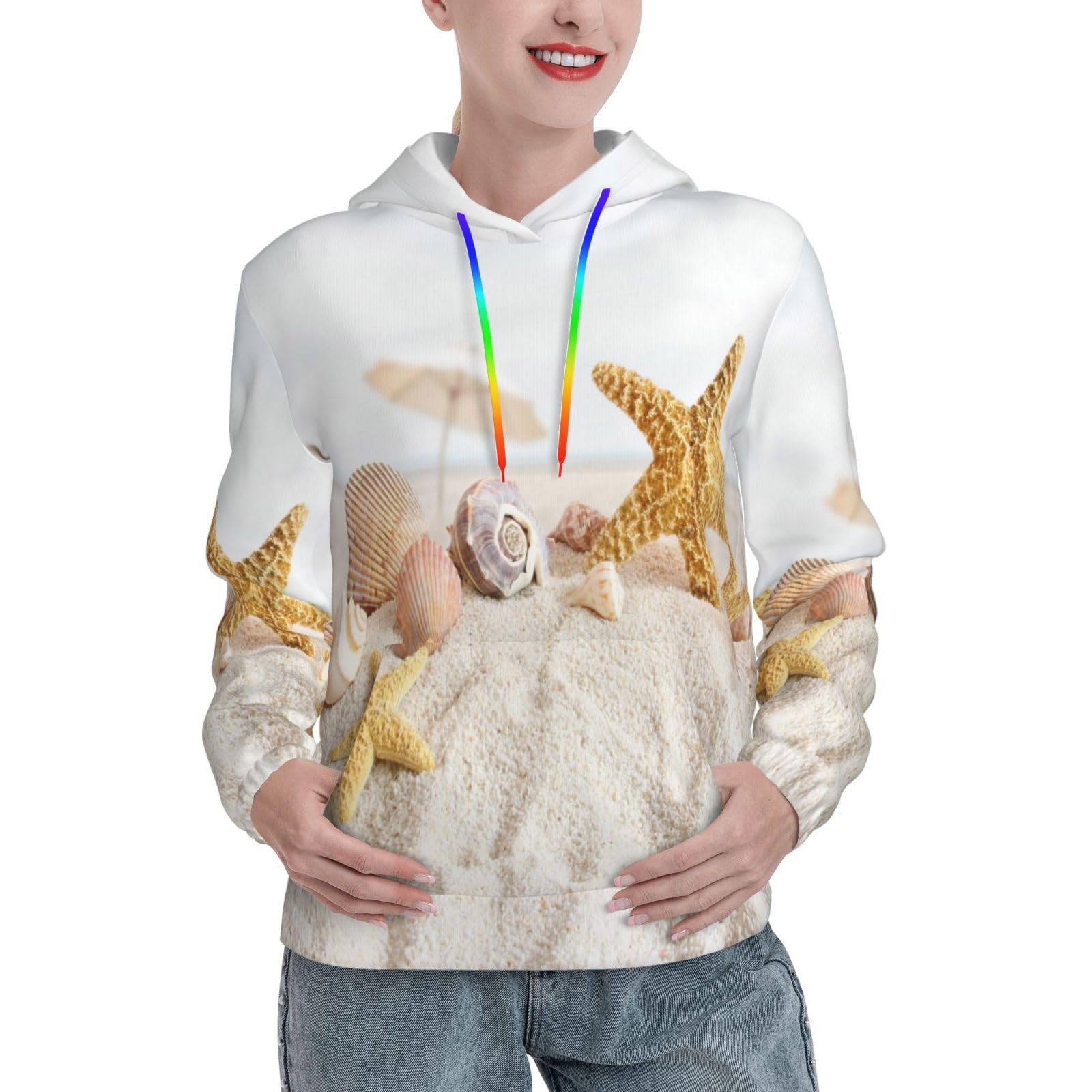 JRBWTDBW Seashells Starfish On Beach Print Women'S Lightweight Hoodie Long Sleeve Casual Hooded Pullover Sweatshirts Hoody With Pockets