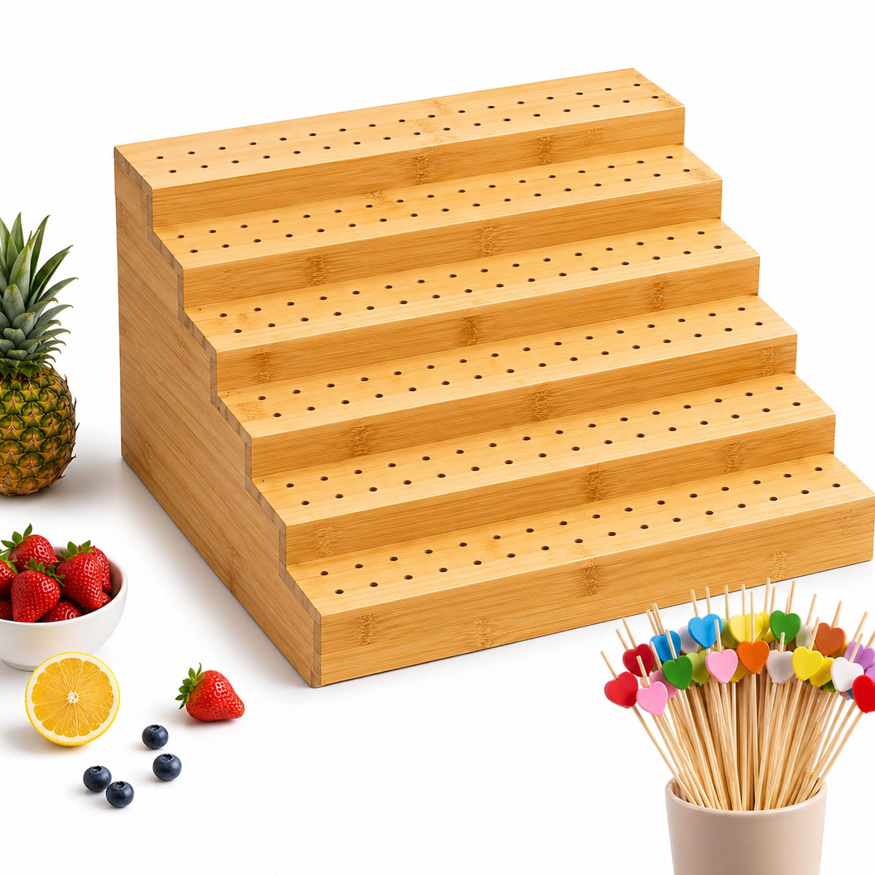 Cemssitu Bamboo Skewer Holder, 6-Tier Natural Bamboo Food Display Stand with 180 Holes and 100 Heart-Shaped Skewers, for Appetizer, Party, Buffet, Wedding (6-Tier)