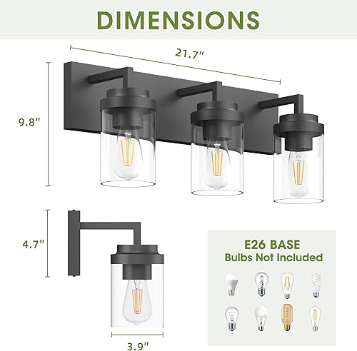 Miniatura 2 de Espird Lámpara de tocador de baño, 3 luces negras mate con pantalla de vidrio transparente, apliques de pared modernos de 22 pulgadas, accesorios de