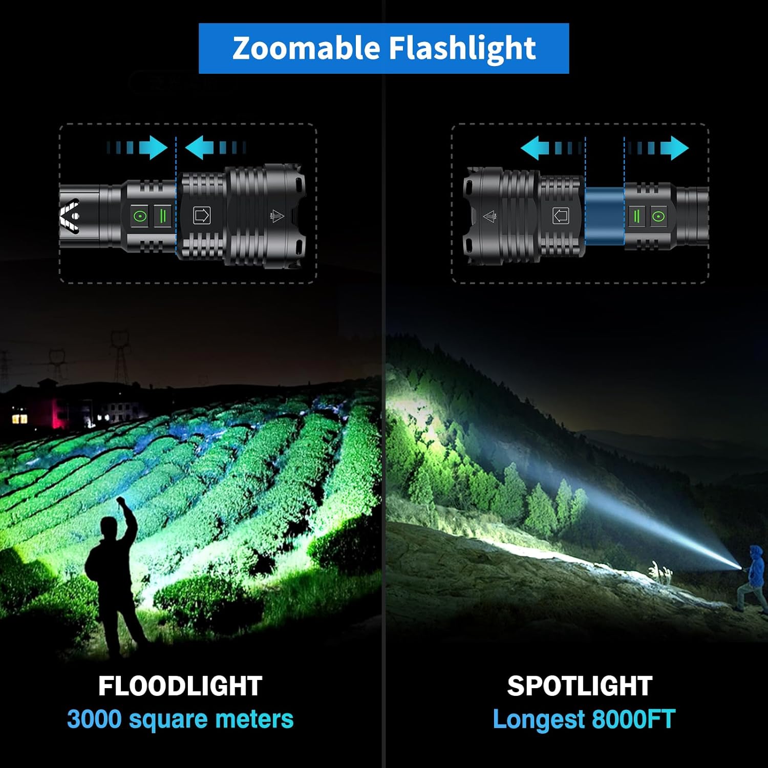 Zoomable flashlight showing floodlight and spotlight modes