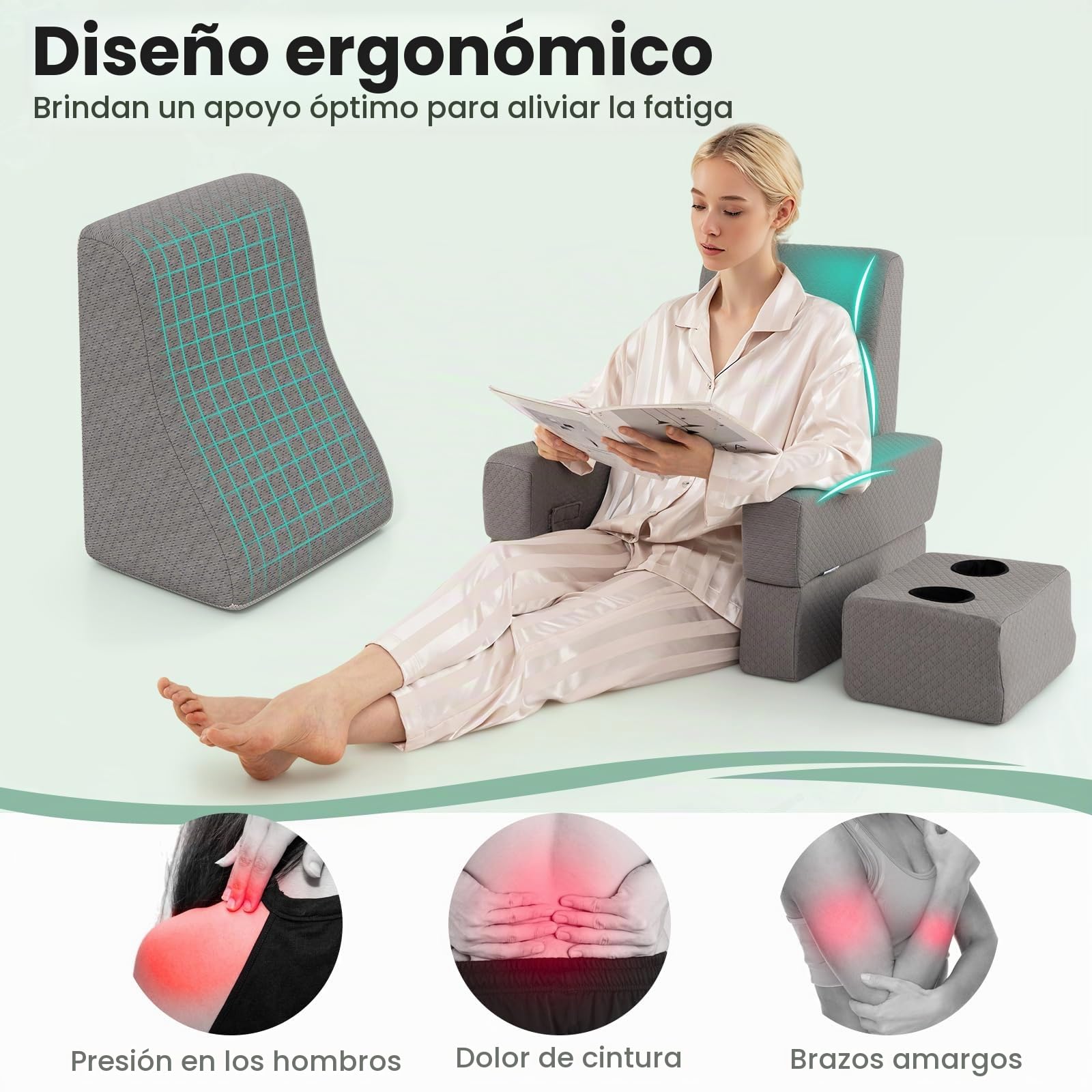LIFEZEAL Cojin de Lectura con Posavasos Cojín de Espalda y Bolsillo de Almacenamiento, Almohadas de Lectura Escritorio Ergonómica con Reposabrazos, Respaldo Cama para Leer, Trabajar, Hacer Ganchillo
