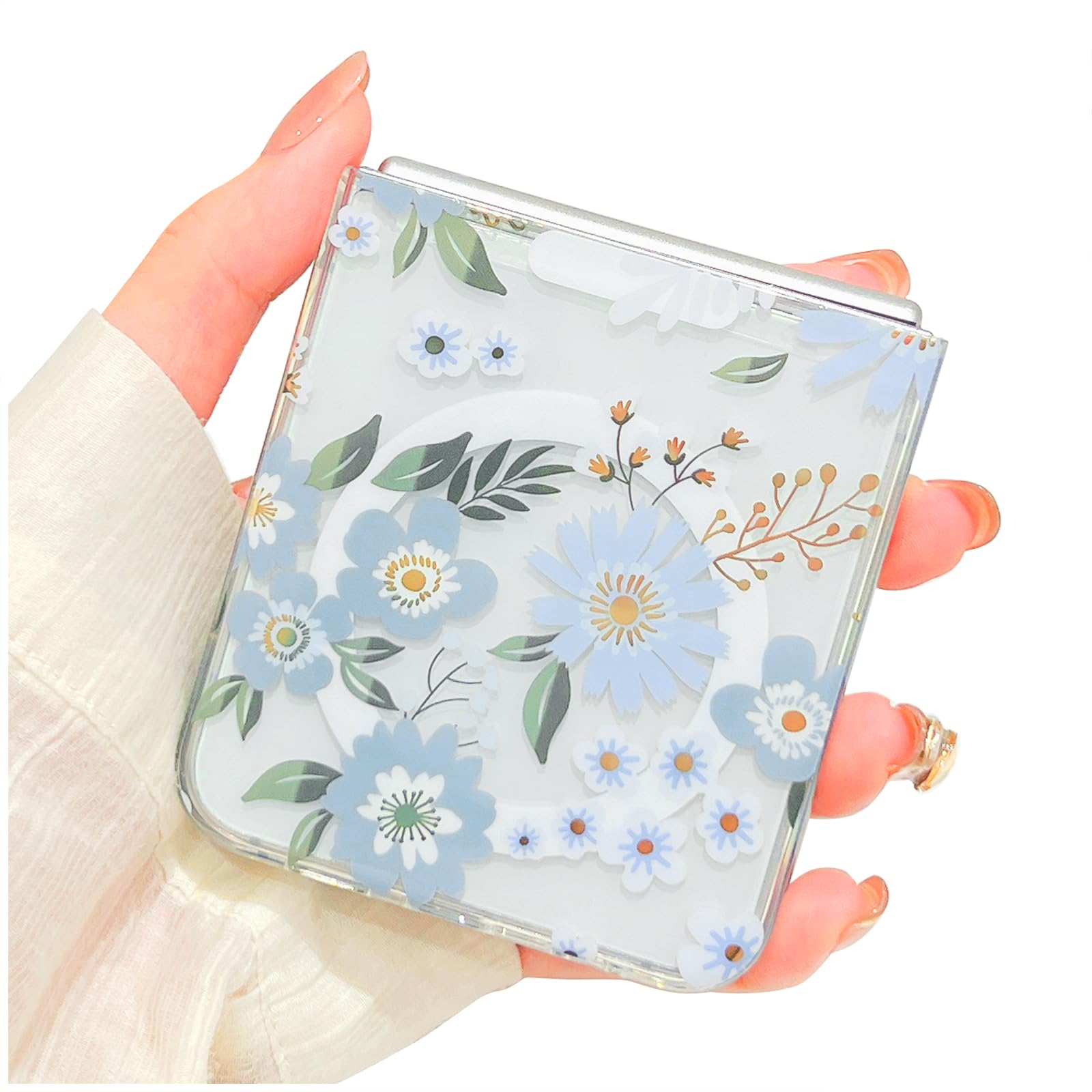 YeLoveHawfor Samsung Galaxy Z Flip 6 Magnetic Clear Phone Case for Women Girls, Glitter Cute Floral Flower Pattern, Slim Hard Protective Case Cover for Galaxy Z Flip6 (Blue Flowers)