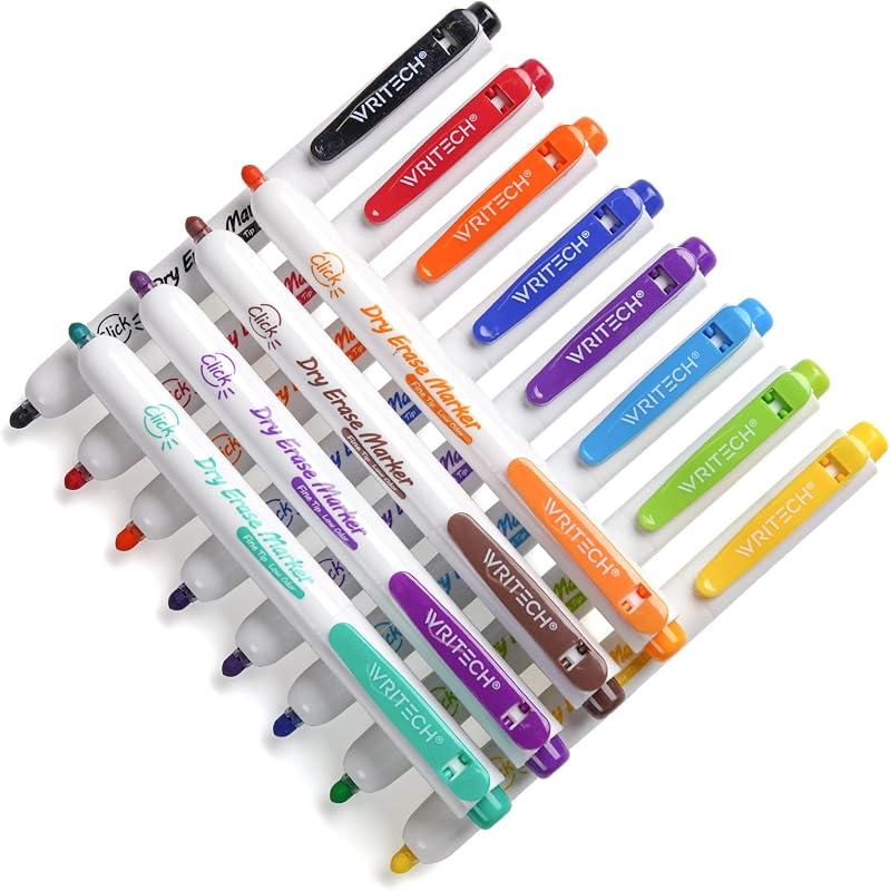 Retractable Dry Erase Markers: Fine Tip Assorted Color Low Odor Multi Colored Set Refillable Clickable Multicolor Thin Point Whiteboard Marker Bulk 12ct No Bleed Smear