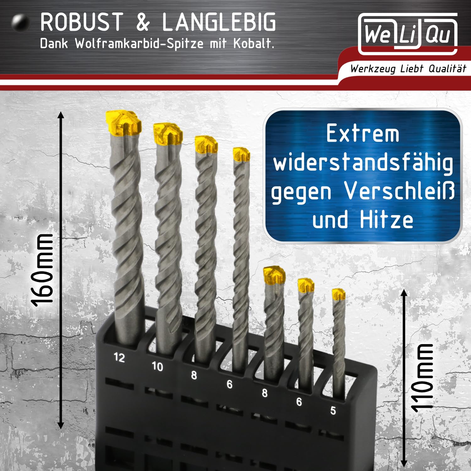 WELIQU TopCut SDS-PLUS X Hammerbohrer Set für Stahlbeton, 7-teilig, Ø 5-12 mm SDS Plus Bohrer Set für Beton, Betonbohrer, Steinbohrer