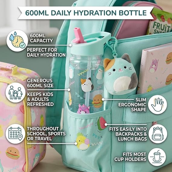 Hox Squishmallows 600ml Kids Water Bottle with Straw, Leak Proof Flip Spout, BPA Free Reusable Drinks Bottle with Carry Loop, Cute Kawaii Character Design for School & Travel