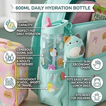 Hox Squishmallows 600ml Kids Water Bottle with Straw, Leak Proof Flip Spout, BPA Free Reusable Drinks Bottle with Carry Loop, Cute Kawaii Character Design for School & Travel