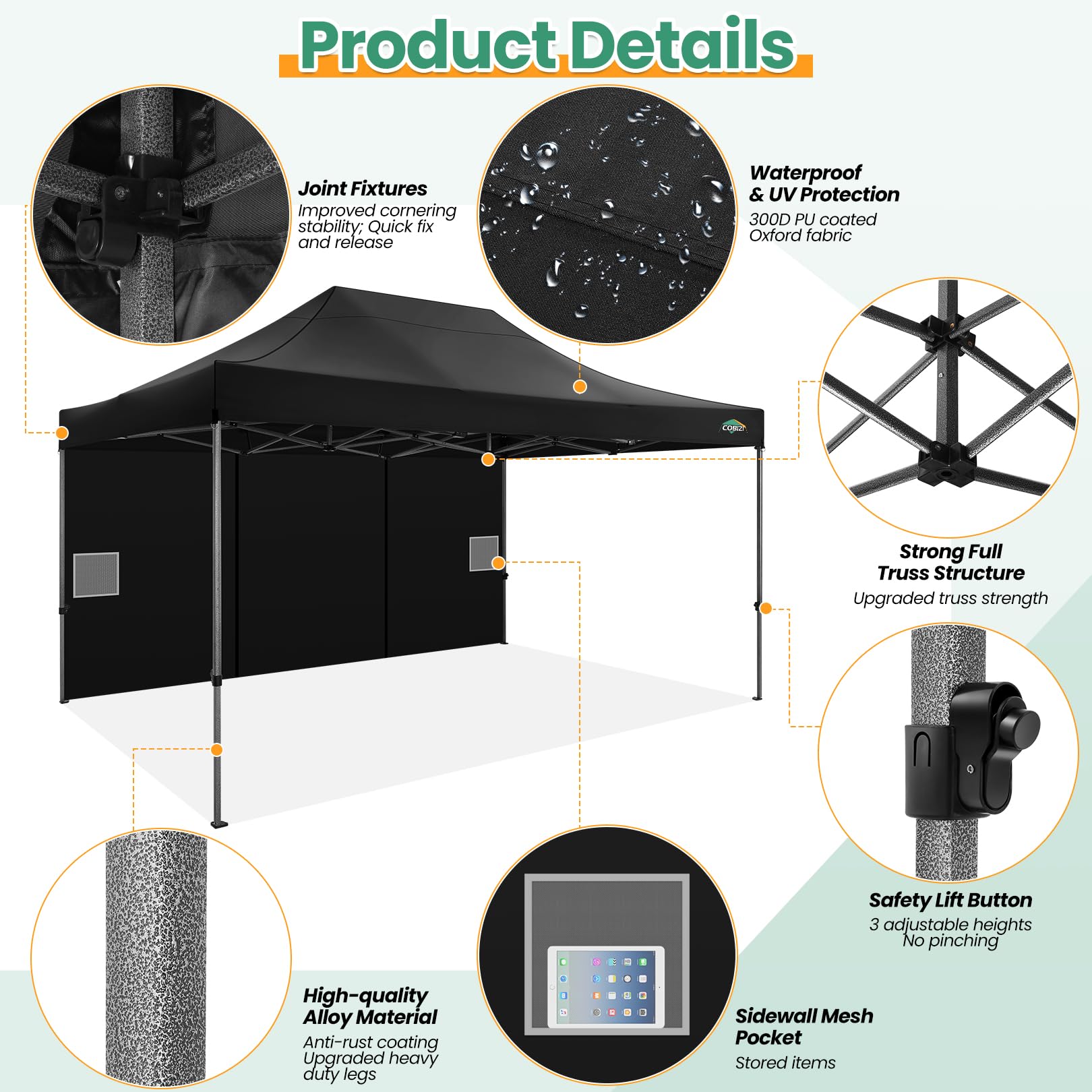COBIZI Pavillon 3x4,5 Wasserdicht Stabil Winterfest mit Seitenwänden | Pop Up Faltpavillon, Gartenpavillon mit Tragetasche, Partyzelt für Outdoor, Verstärkter Rahmen, Einfache Montage, Schwarz