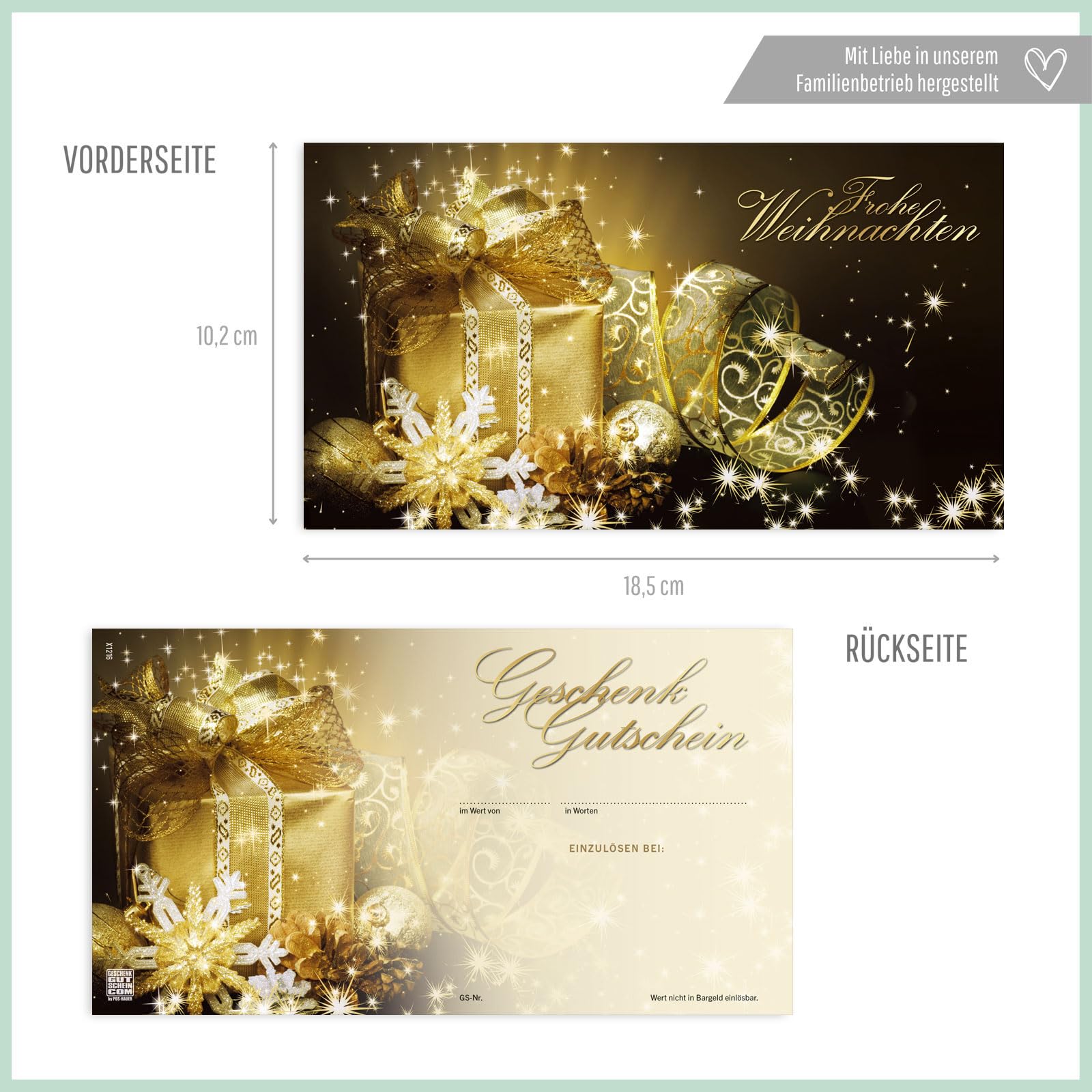 Gutschein-Set. 50x Gutschein + Kuvert + Schleife. Für Weihnachten. Weihnachtsgutscheine zum selbst Ausfüllen.