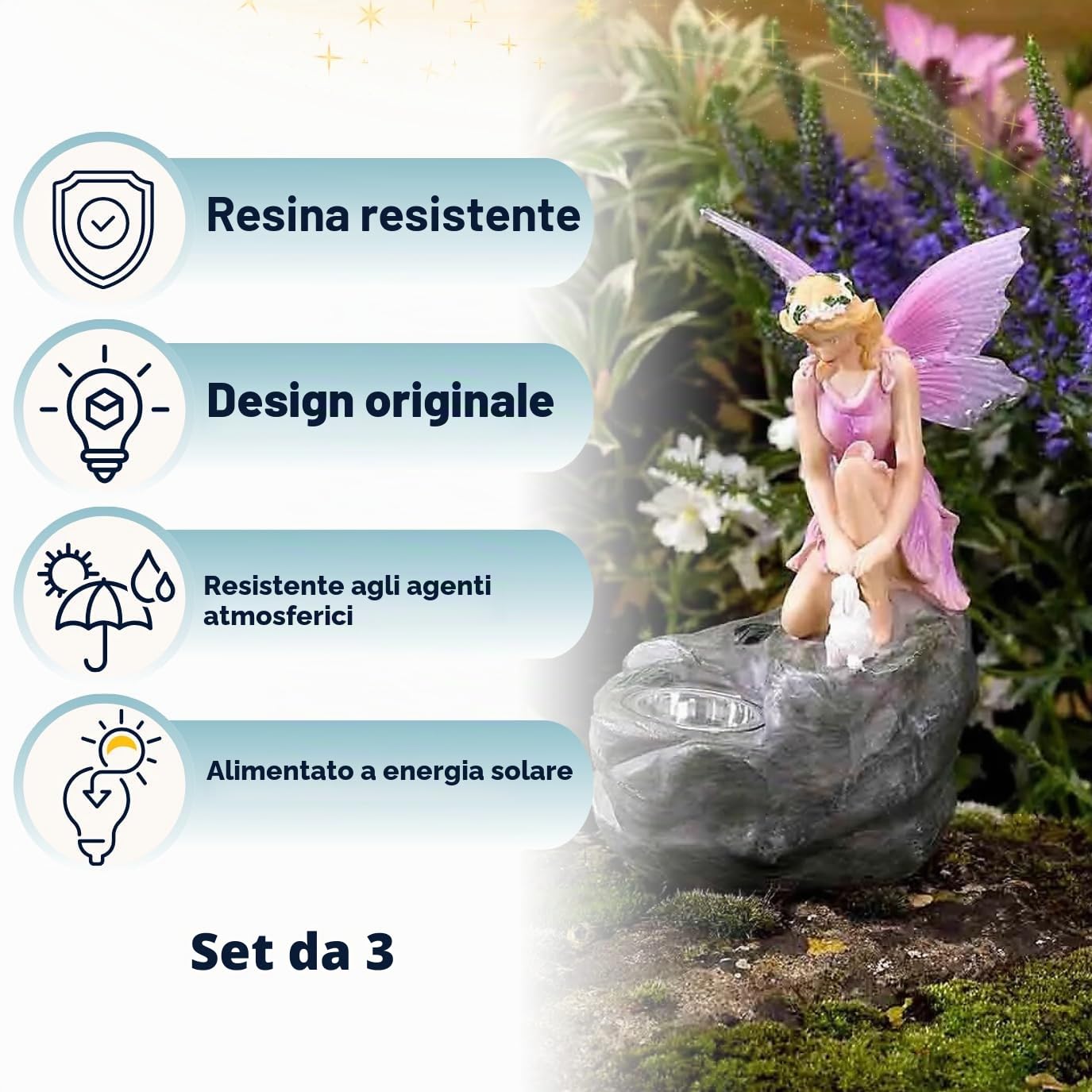 Garden Mile Set di 3 statue fatate da giardino a energia solare, con faretti a energia solare, impermeabili, a LED, per giardino, vialetto, prato, patio