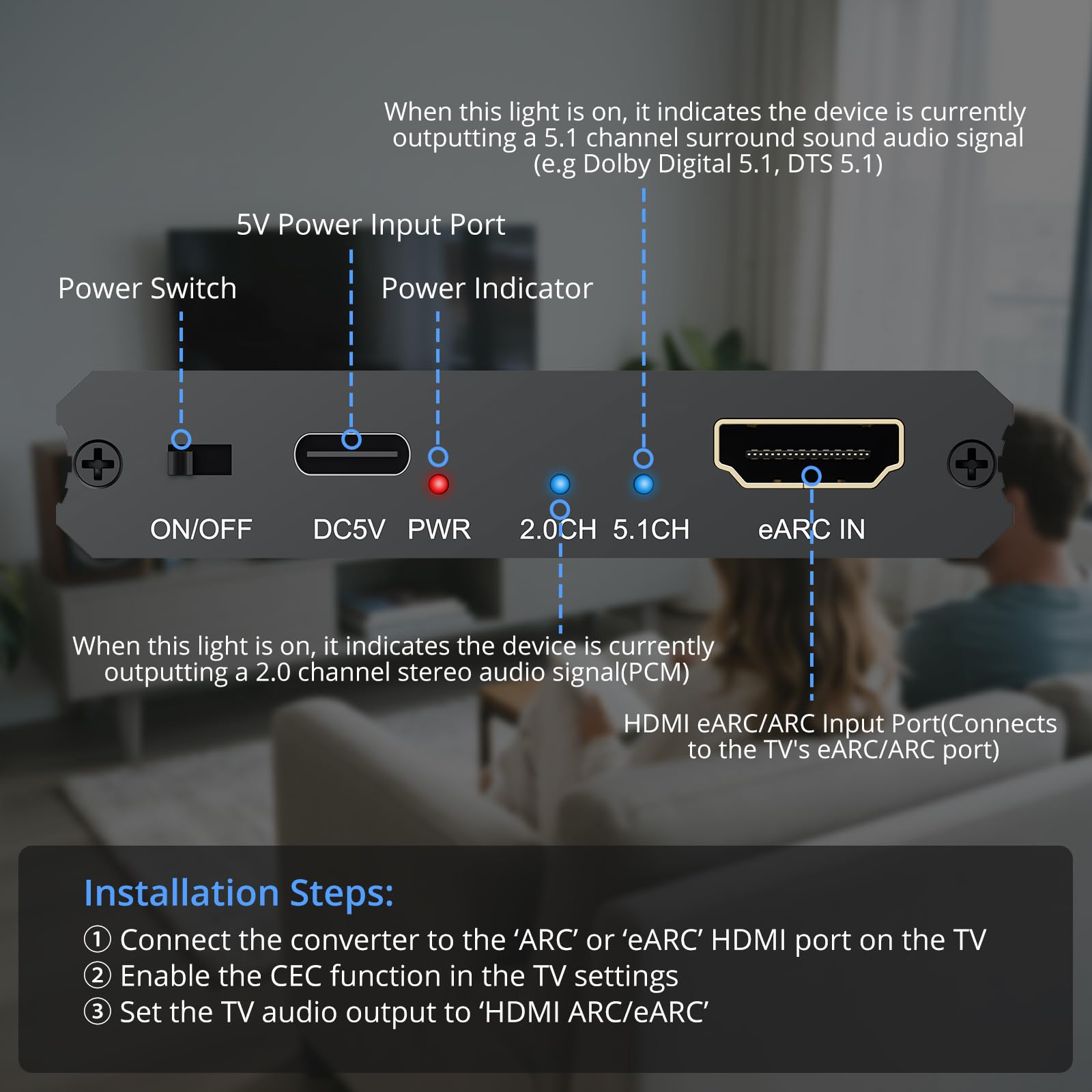 CAMWAY eARC Ekstraktor audio – HDMI ARC/eARC na światłowód, RCA, konwerter audio 3,5 mm, obsługuje dźwięk przestrzenny 5.1, łatwa konfiguracja soundbara, wzmacniacza, słuchawek, wyjścia audio TV