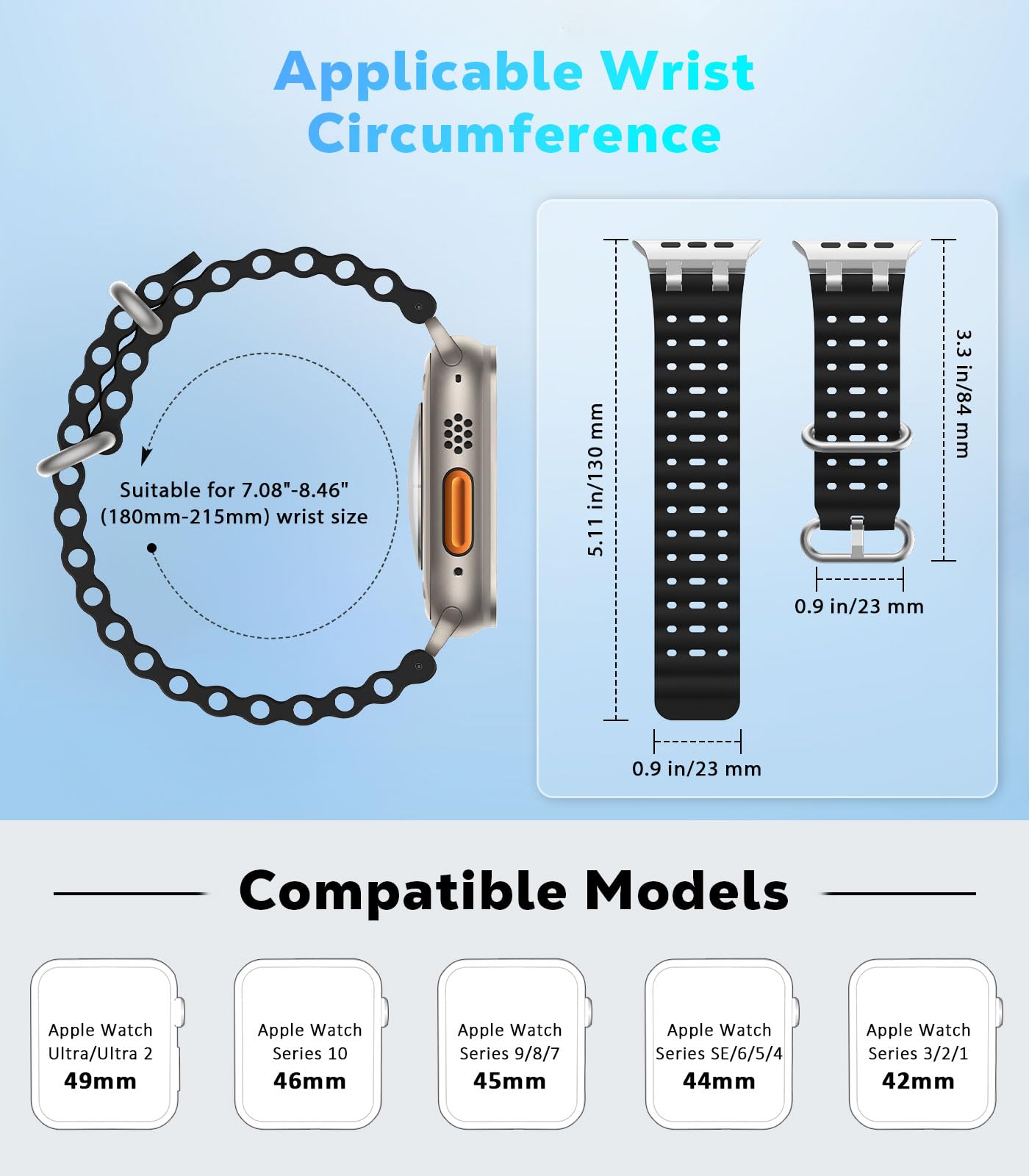 Astorgos Cinturino Ocean compatibile con Apple Watch Ultra 2/Ultra 49mm, S10 46mm, 9/8/7 45mm, SE/6/5/4 44mm, 3/2/1 42mm, Cinturini Sportivo con Connettore in Metallo per Uomo e Donna