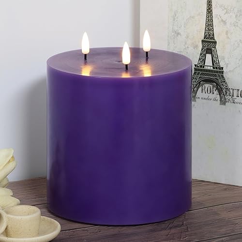 Miniatura 5 de Vela de pilar sin llama de 3 mechas púrpura con control remoto  6 pulgadas de alto 6 pulgadas, vela de cera LED parpadeante grande con pilas
