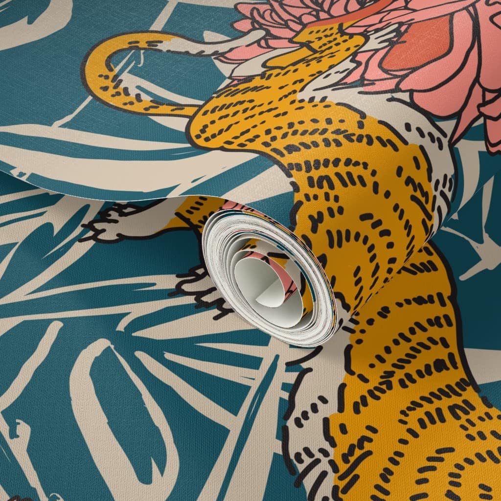 Spoonflower Peel & Stick Wallpaper Boho Jungle tiger Animal Leaf Palm Beach Tropical Poppy Custom Removable Wallpaper