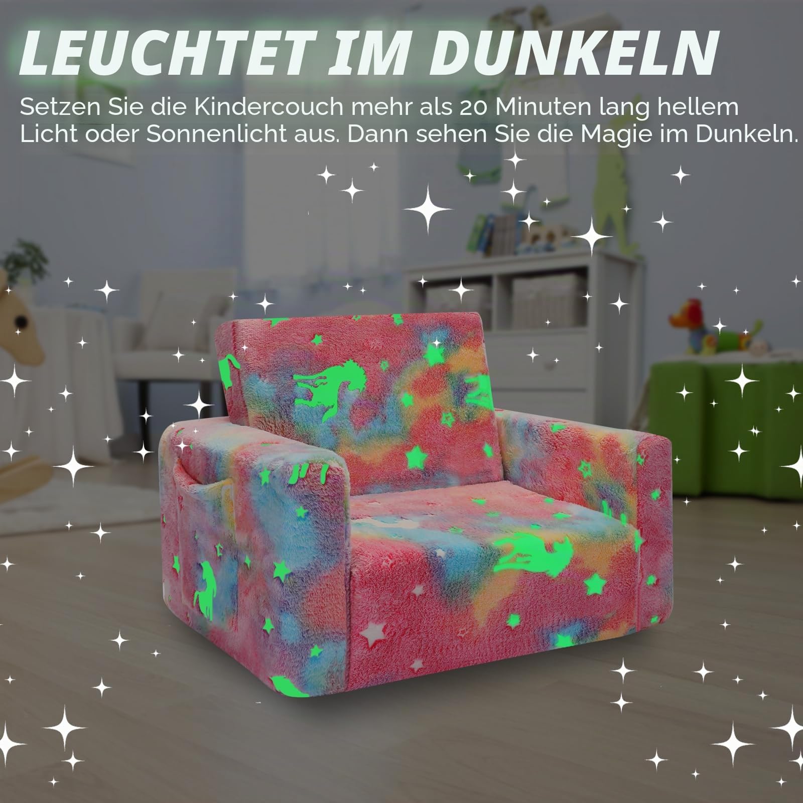 SLIGUY Kleinkind-Couch, ausklappbares Kinder-Sofa, Kleinkind-Sofa zu Liege, ausziehbar, leuchtet im Dunkeln, Geschenke für Jungen und Mädchen (rosa Einhorn)