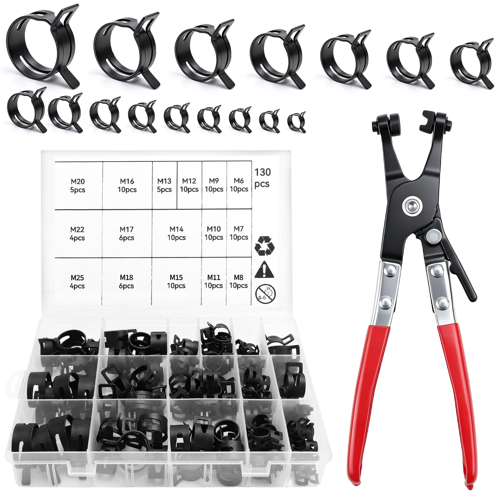 130Stk 6-25 mm Federbandschellen 16 Größen | Kraftstoffleitung Schlauchschellen Set mit Schwenkklemmenzange Schlauchklemmen Set Schellen Klemmschelle