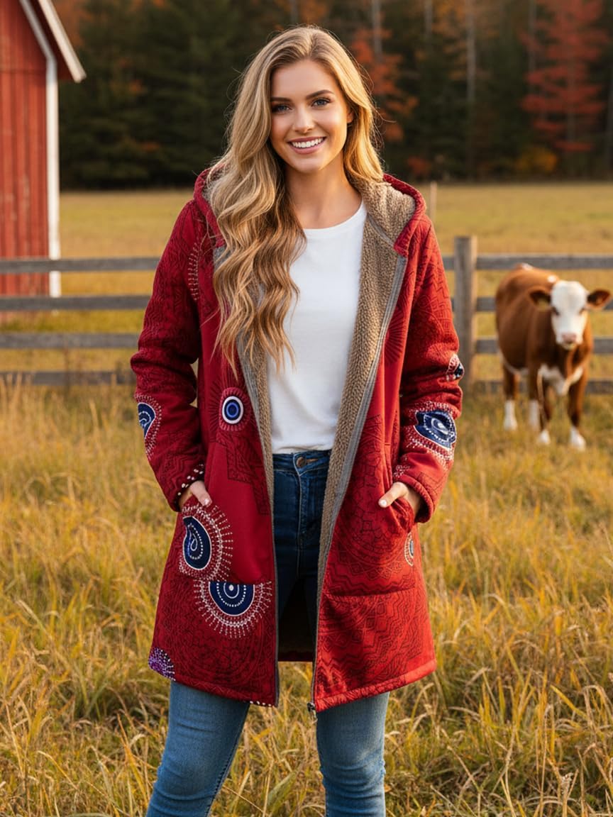 Womens Fleece Lined Jacket Zip Up Long Sleeve Hooded Vintage Print Fall Winter Warm Plus Size Coat With Pockets