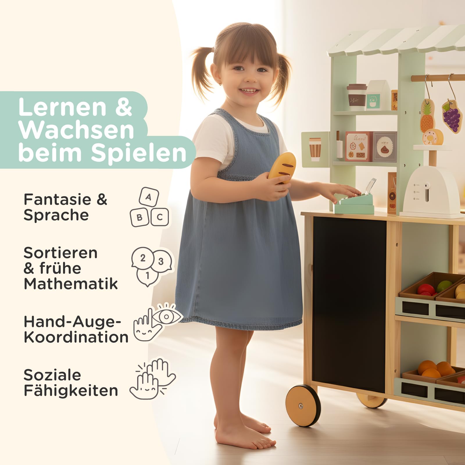 Nene Toys Kaufladen aus Holz – All-in-One Marktstand Supermarkt für Kinder mit Kasse, Waage, Kreidetafel, Hängestange, Fächern & Rollen – Wendeseite mit Ofen – Geschenkidee ab 3 Jahren – FSC-Holz