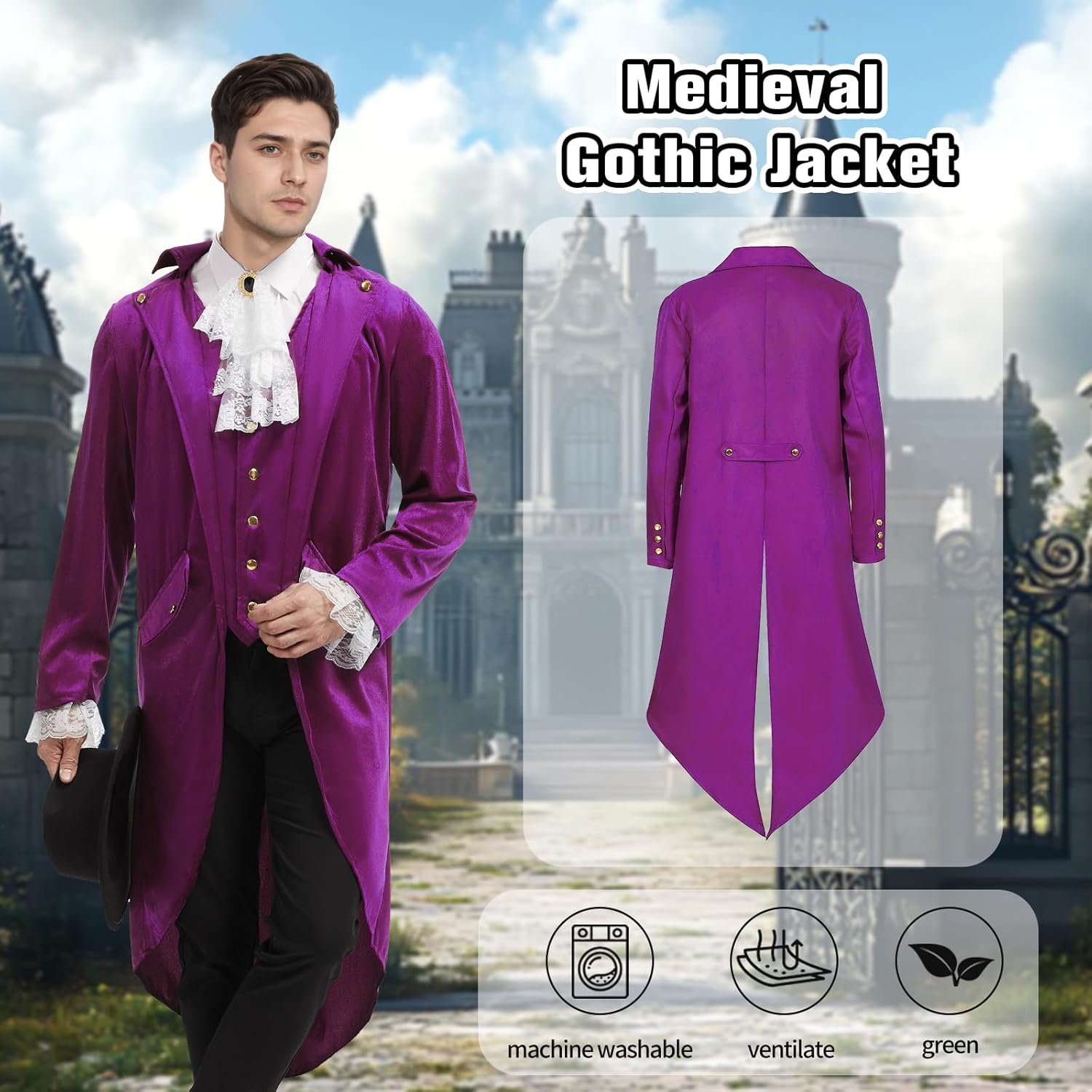 Men's Steampunk Vintage Tailcoat Jacket Gothic Medieval Coat for Halloween Costume - Image 3