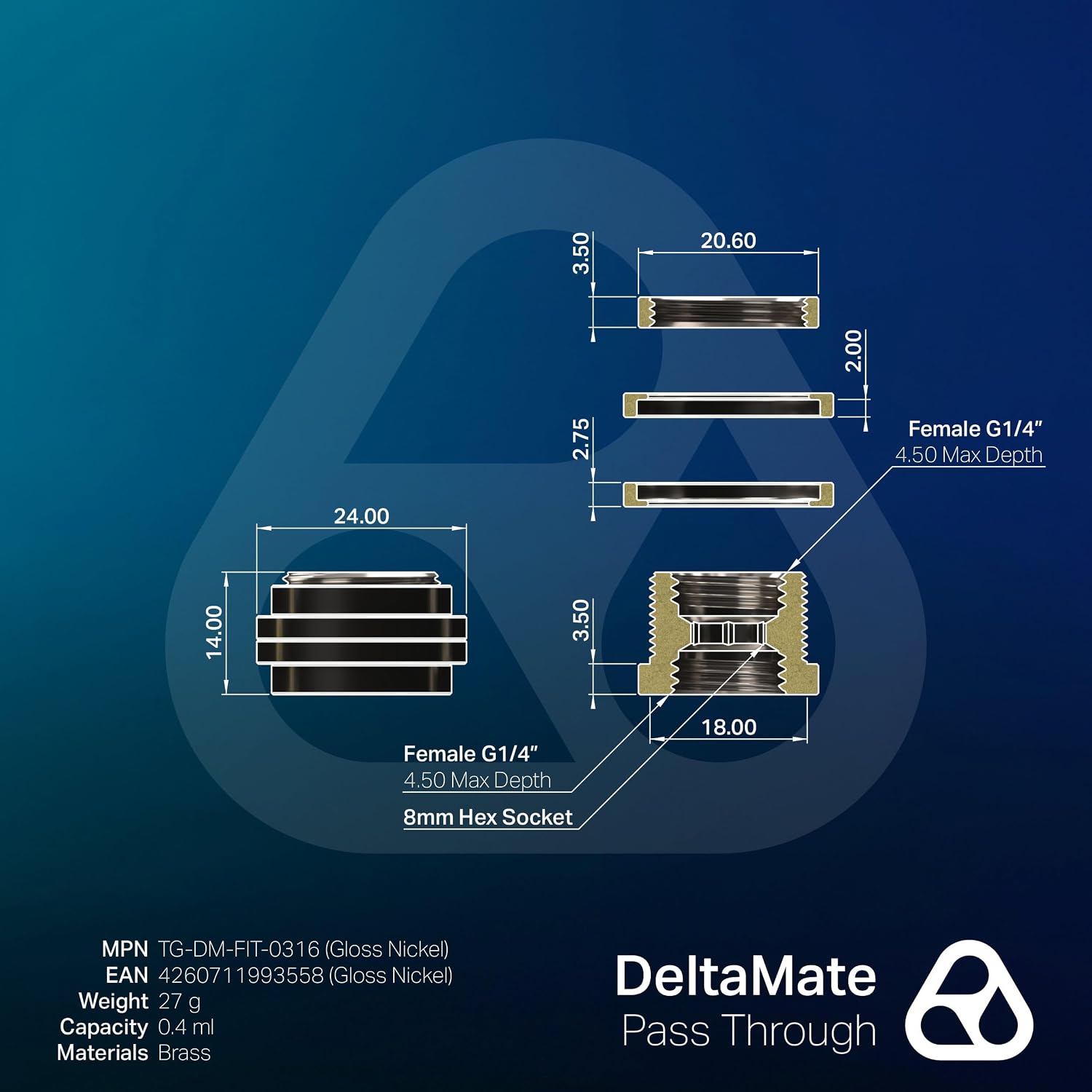 Thermal Grizzly DeltaMate Pass Through Gloss Nickel G1/4 Fitting