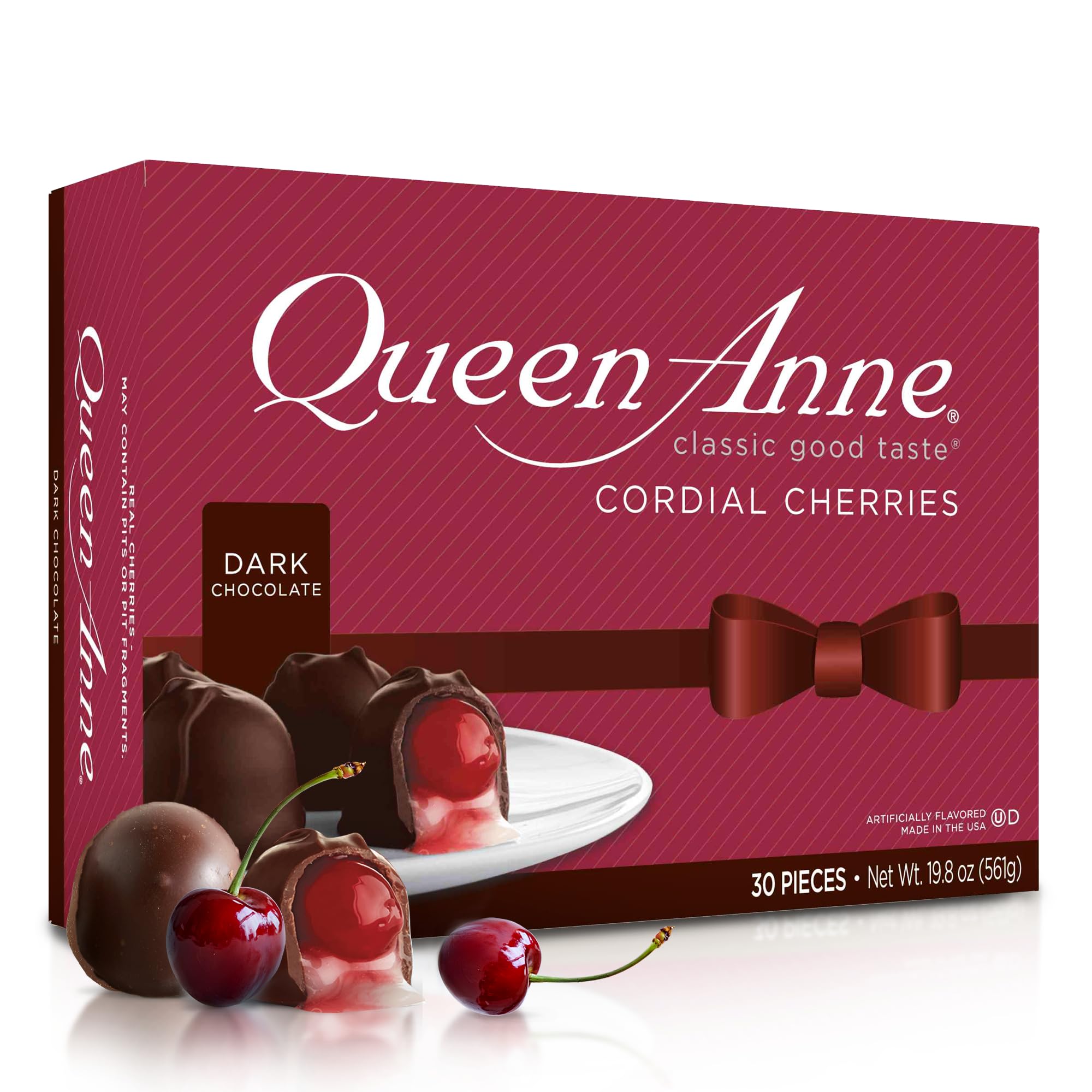 Queen Anne Dark Chocolate Covered Cordial Cherries | 19.8 oz | 30 Piece Gift Box | Whole Maraschino Cherry Creamy Filled Liquid Center | Holiday Party Chocolate Candy