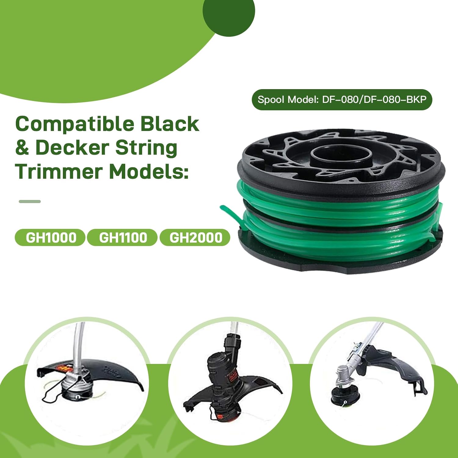 DF-080 Replacement Spool Compatible with Black+Decker String Trimmer GH1100 GH1000 GH2000 Electric String Grass Trimmer Lawn Edger, DF080 Dual Line 30ft 0.080" Auto-Feed Spool 8 Pack