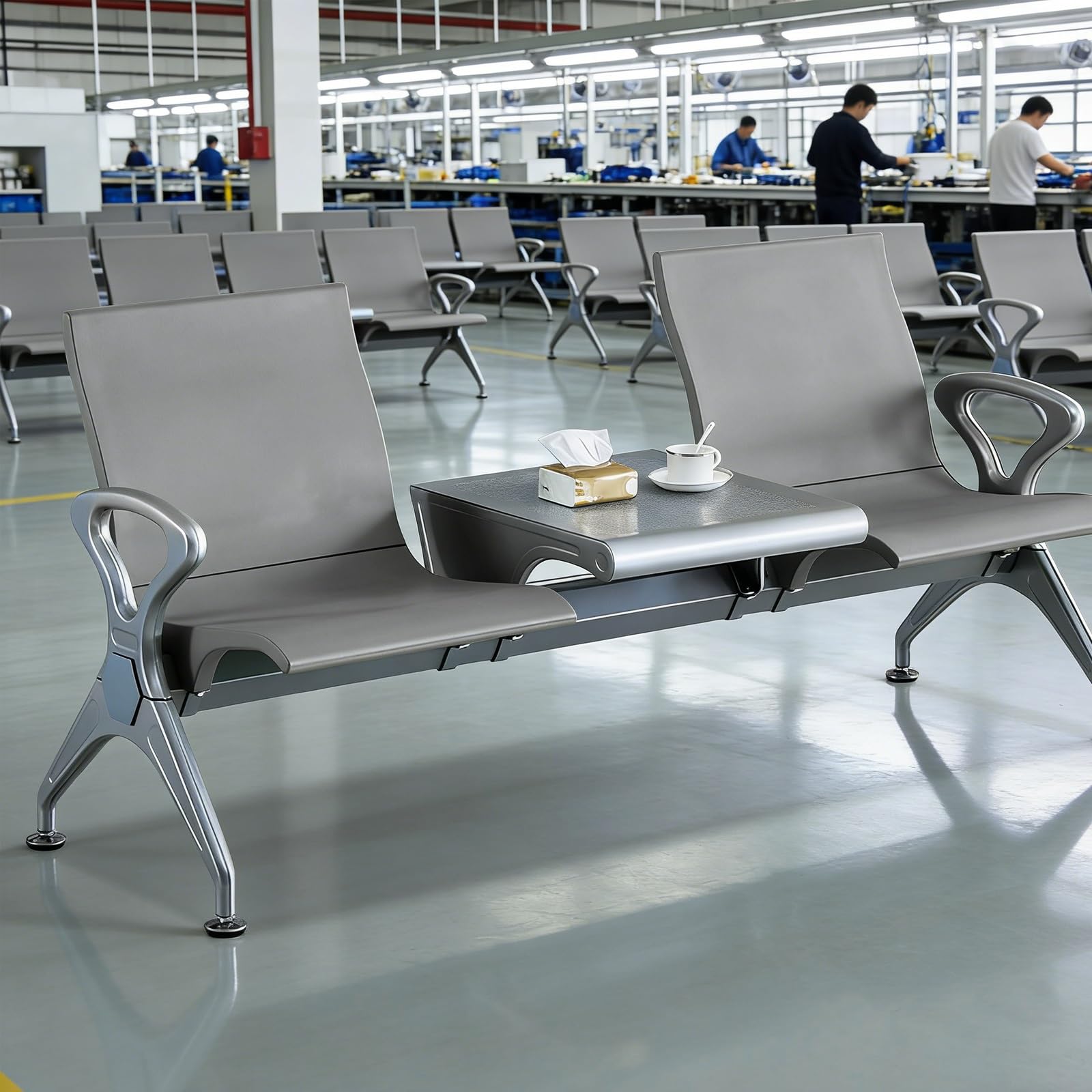 Wartezimmerbank mit 2 Sitzen und Kleinem Tisch, Bürostuhl mit Armlehnen, Empfangsbank aus PU-Leder für Büro, Flughafen, Bank, Krankenhaus(Gray)