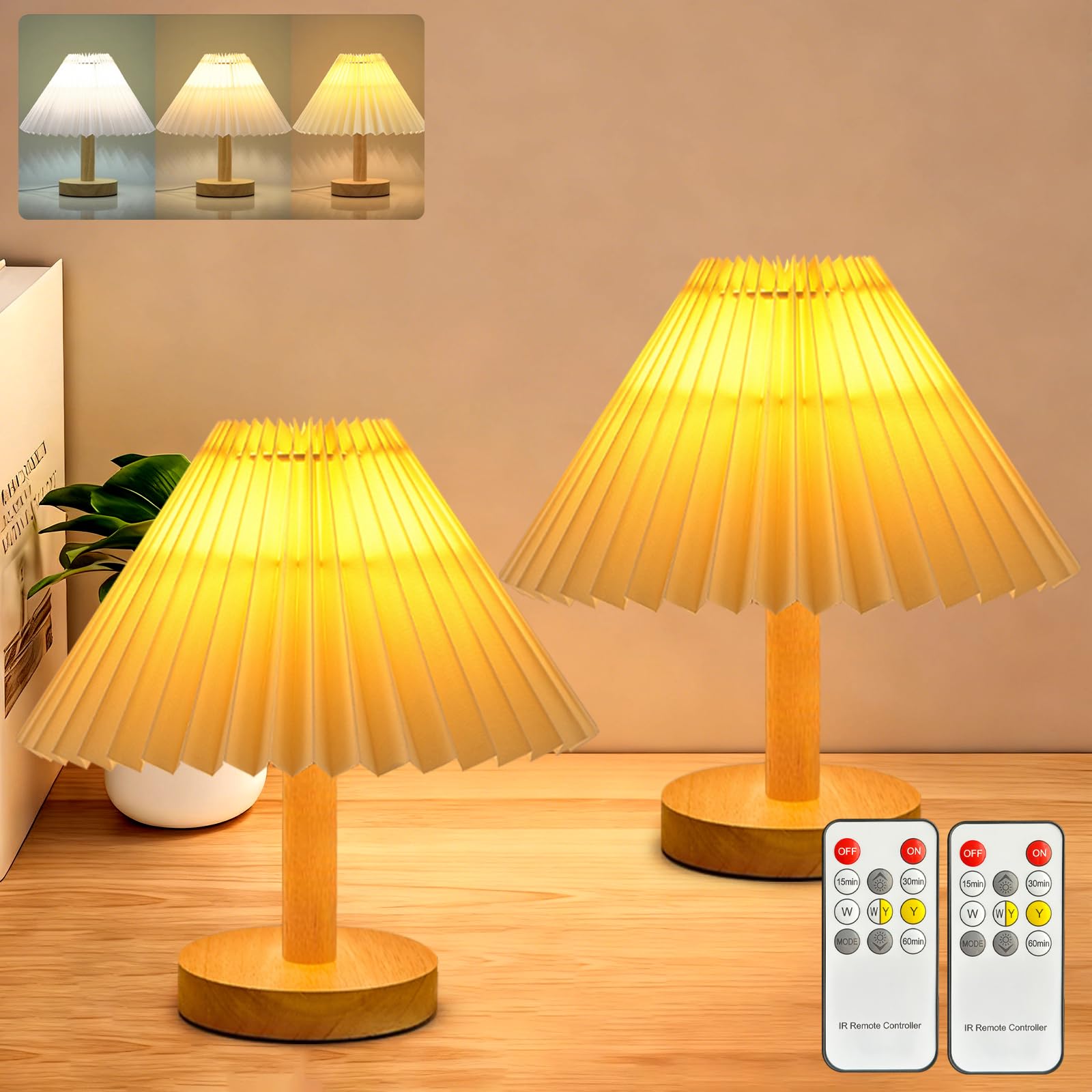 Photo 1 of 2 pack Small Table Lamp modern Bedroom bedside table lamps,Remote control Dimming Three colors,abric Shade?Boho Night light,Study Read Desk Night Stand Light, Dorm mini lamps,LivingRoom dresser office