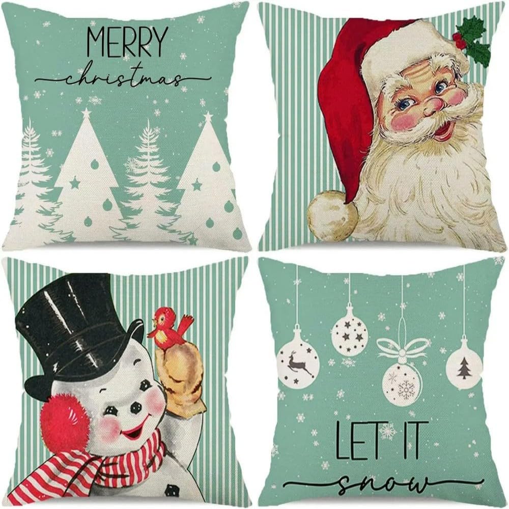 ZBDP - 4 federe per cuscini natalizi, Babbo Natale, pupazzo di neve, fiocchi di neve, fattoria, bufalo, plaid albero di Natale, decorazione per le vacanze