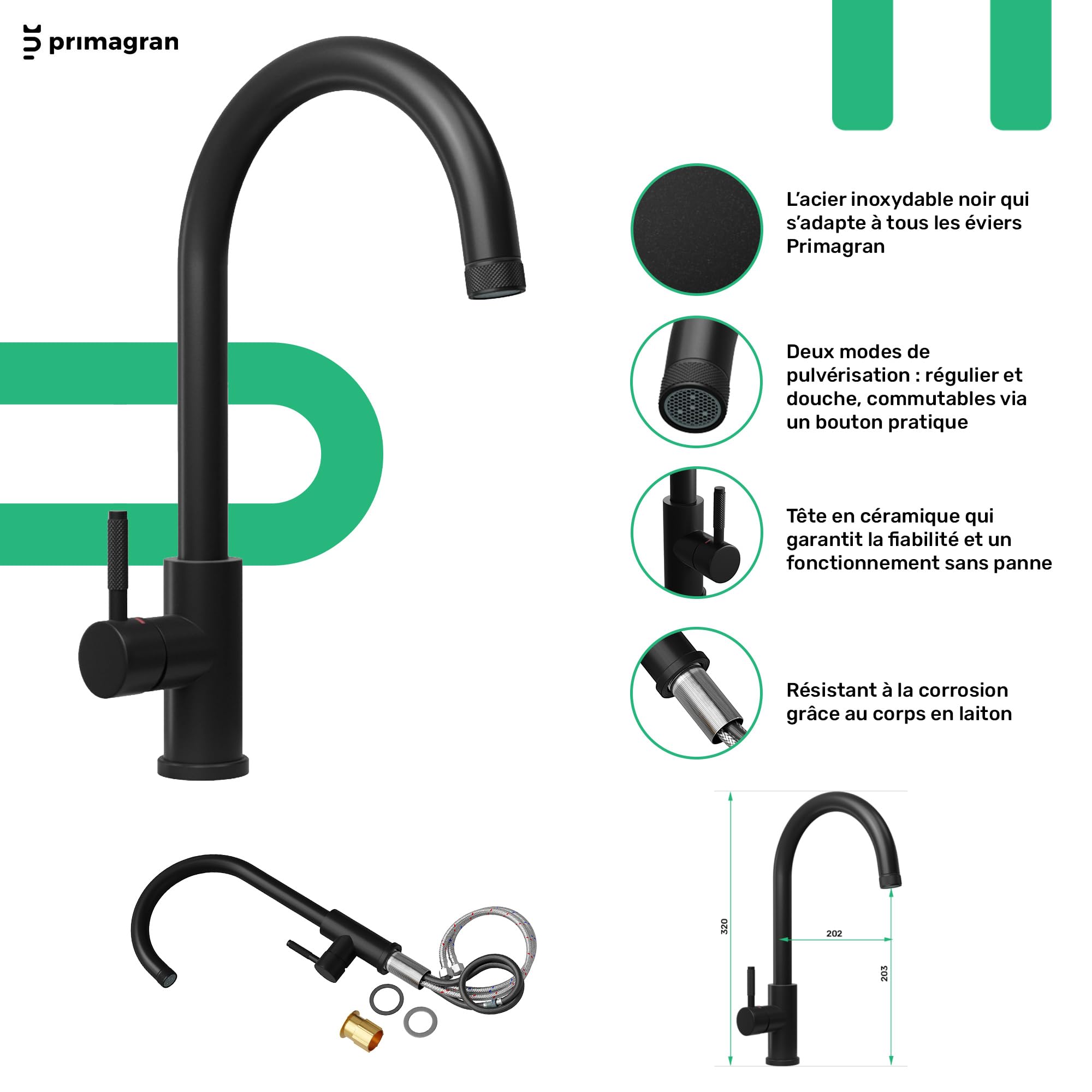 PRIMAGRAN Evier Cuisine en Granit Noir 70x44cm, Lavabo 1 bac + Robinet 32x20cm + Kit de Vidage, Évier à Encastrer au Meuble 45cm - Copenhague Easy S045