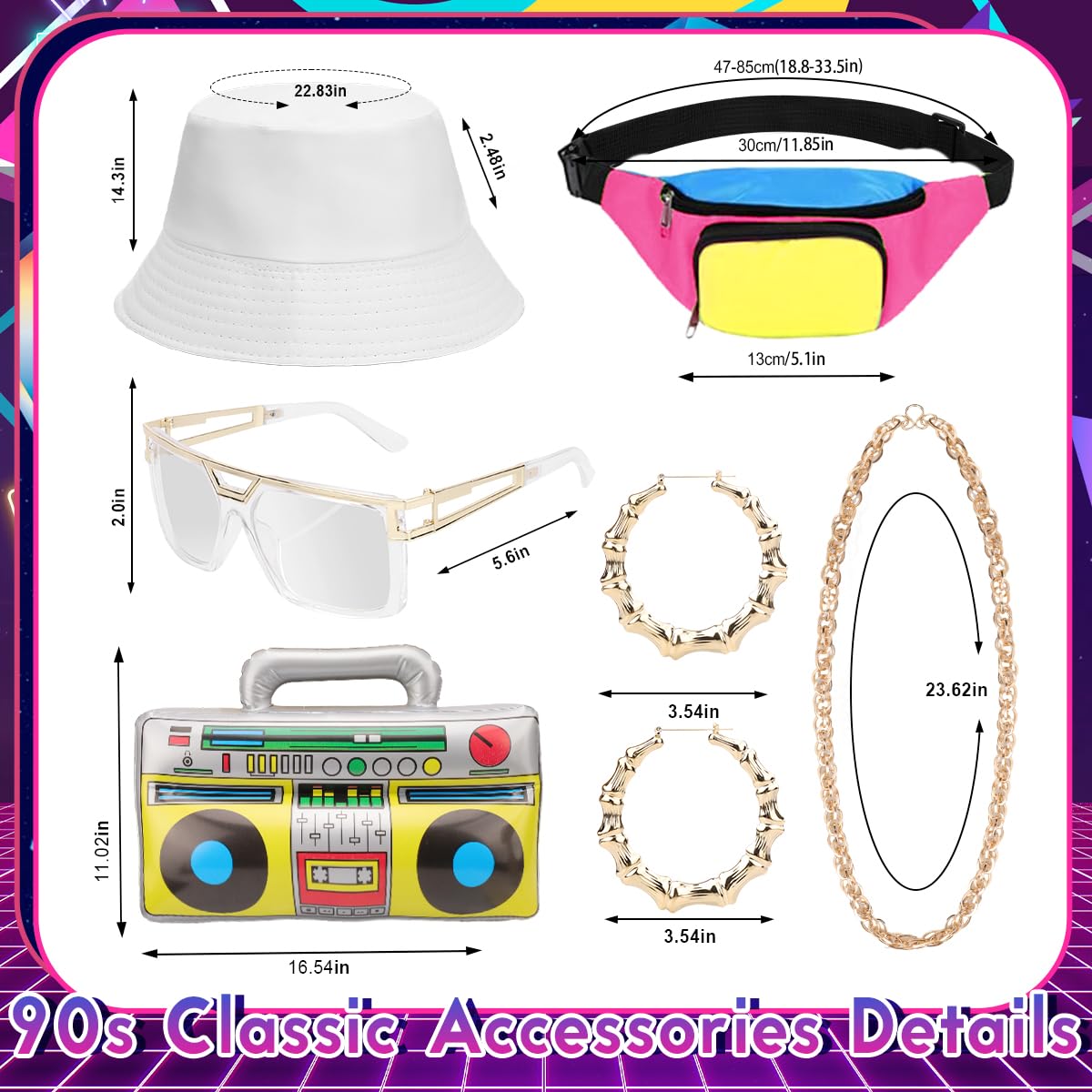 VillbeCoser Disfraz de los años 80 y 90 para mujer, chándal con riñonera, sombrero de gueto, gafas, collar, pendientes, discoteca, carnaval, fiesta temática, disfraz, botón de baño