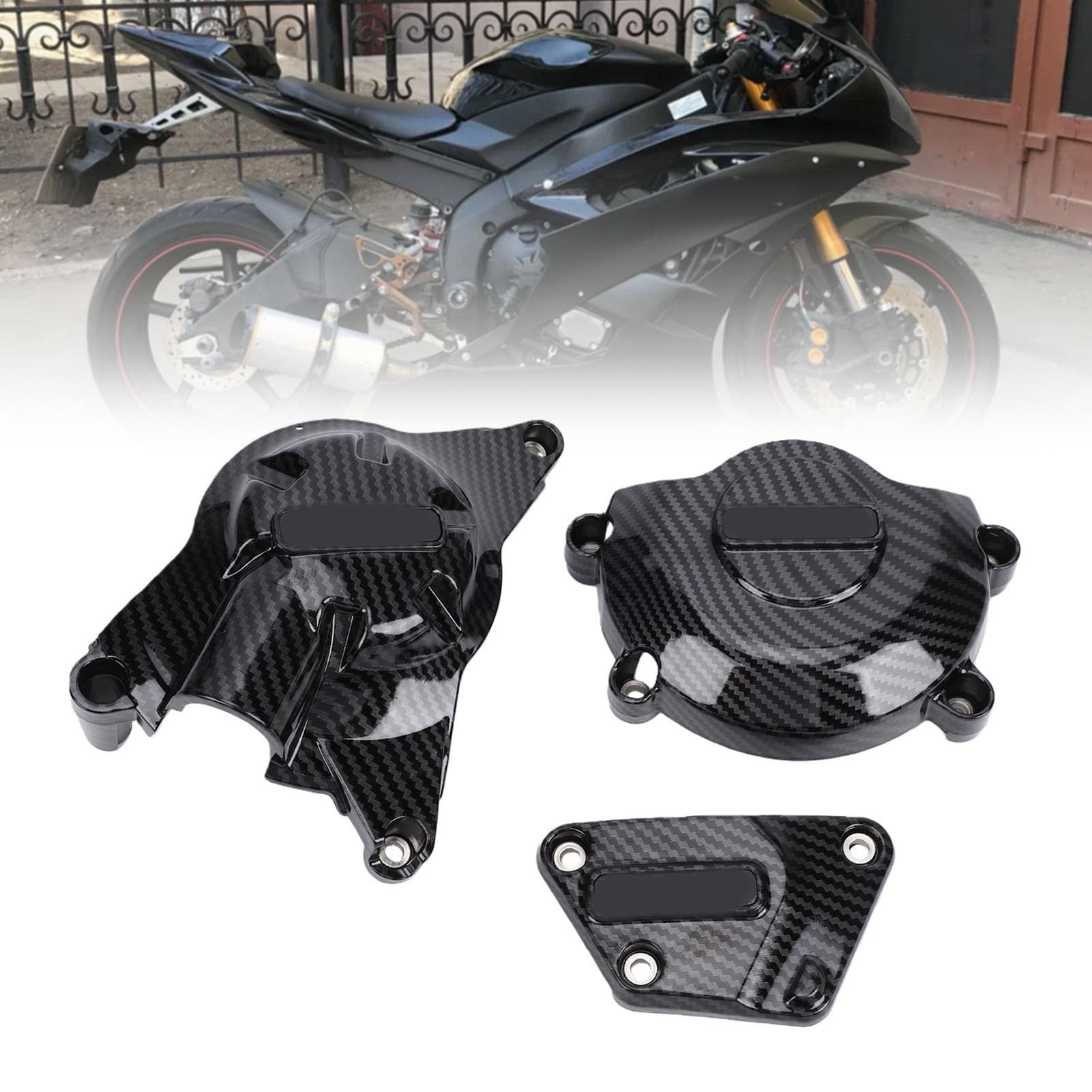 Aramox Motorrad-Motorabdeckungs-Set, 3-teiliges Langes Glasfaser-Nylon-Motorgehäuse-Schutzgitter Zum Einbau für die Verwendung auf der Straße, auf der Rennstrecke YZF R6 2006 2025 (Carbon-Style-Faser)