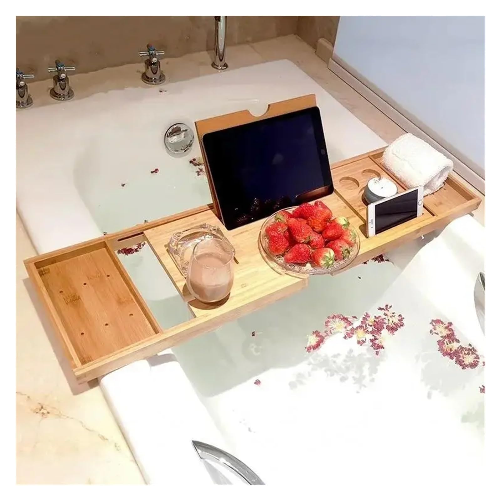 Bandeja extensible de bambú para bañera con soporte para vino, soporte para libros y tabletas, estante de baño antideslizante para relajación de spa y experiencia de remojo de lujo