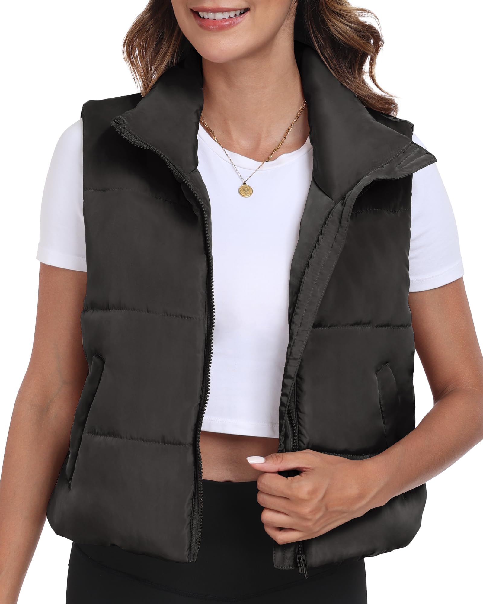 Memorose Cropped Puffer Vest Women Sleeveless Winter Lightweight Jacket | Lightweight Quilted,Stand Collar,Zip Front,2 Side Pockets,for Hiking,Casual
