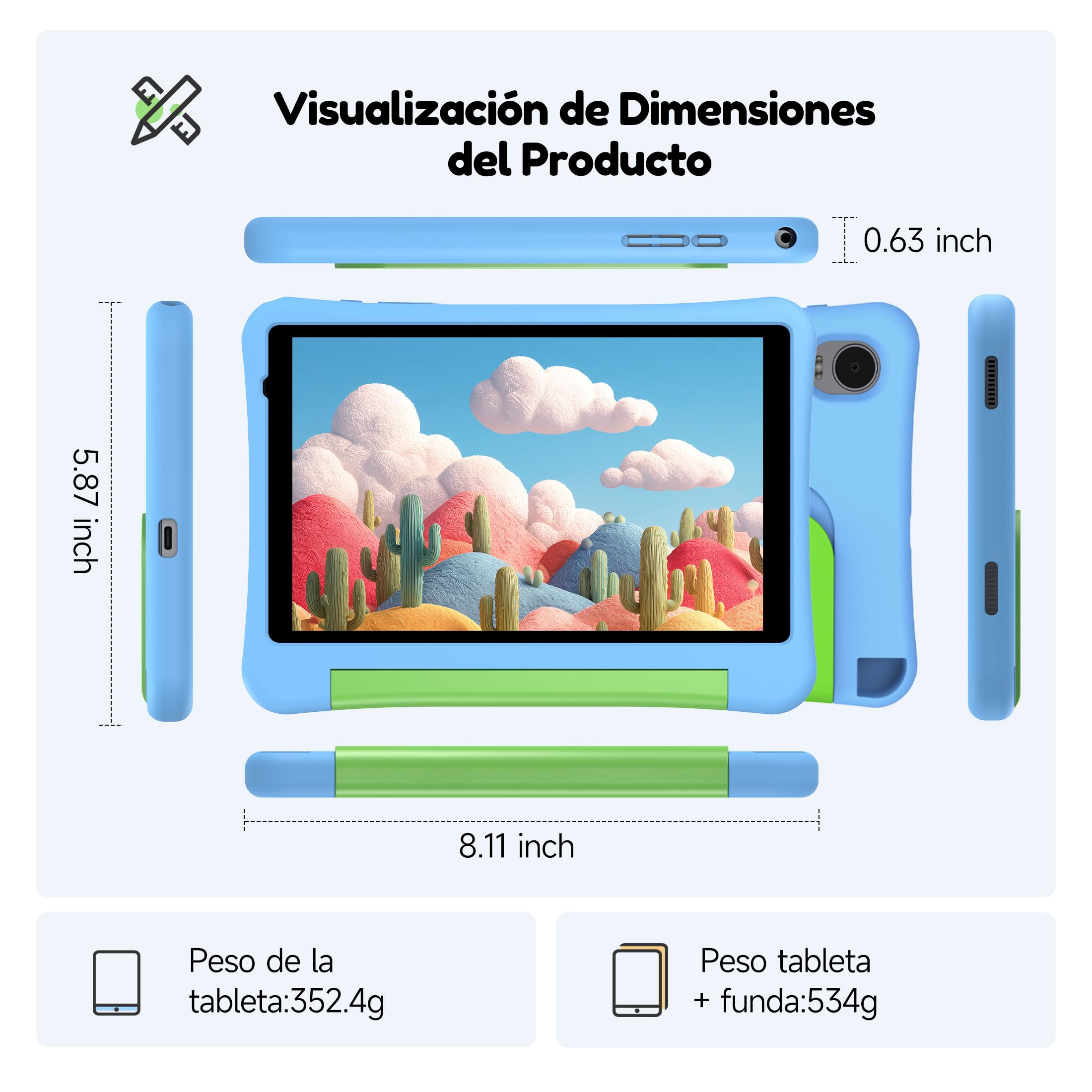ALLDOCUBE Tablet para Niños 8 Pulgadas,Tablet Infantil con Android 15,5000mAh,32GB ROM,1280×800, WiFi,Control Parental,Tableta educativa para niños con Funda,Azul