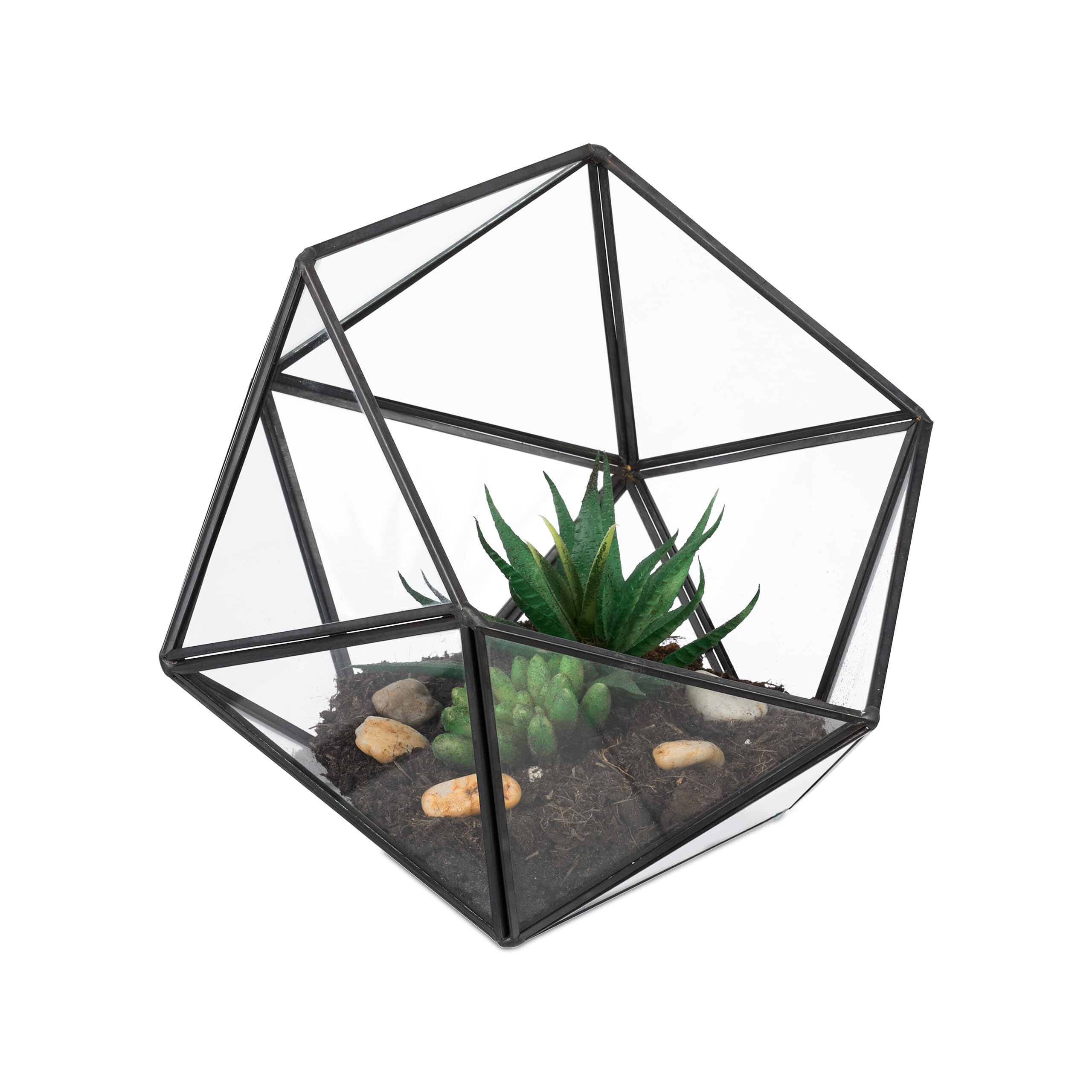 Relaxdays Geometric Terrarium, Glass & Tin, for Succulents, Cacti & Air Plants, Mini Greenhouse, Windowsill Decor, Black