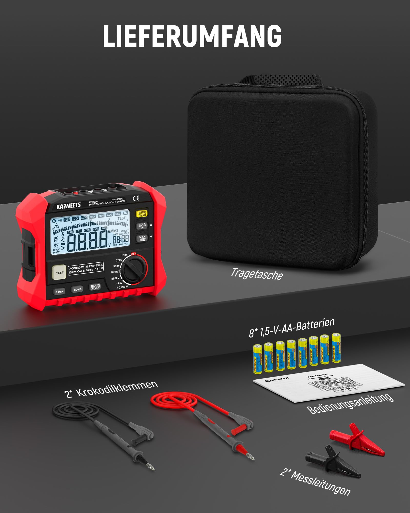 KAIWEETS Isolationswiderstandsmessgerät, bis zu 200 GΩ, Profi-Megohmmeter, 100 V/250 V/500 V/1000 V/2500 V, One-Touch-DAR/PI, misst Widerstand, Wechsel-/Gleichspannung für HLK, Motoren, Solar,