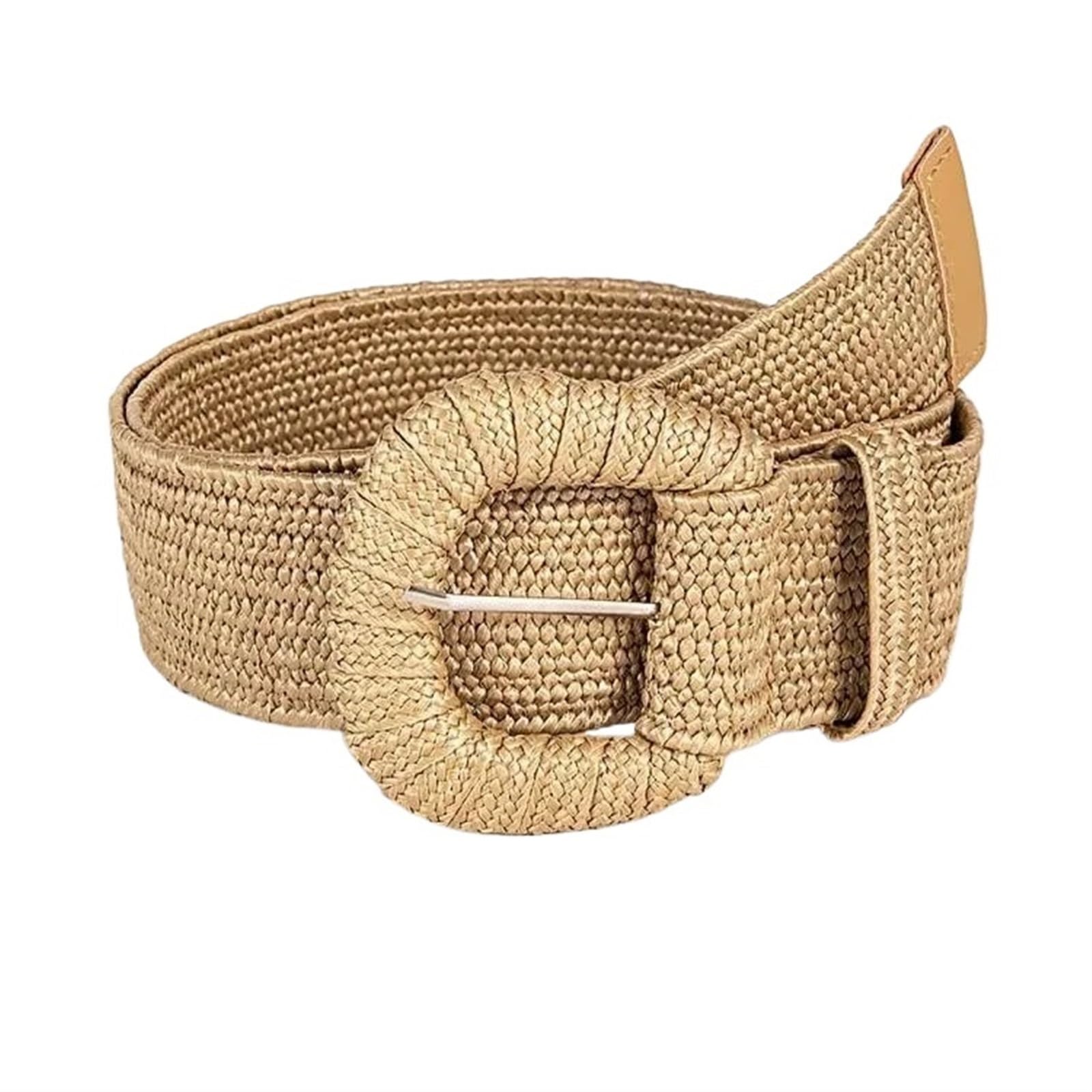JCXIOC Straw Waist Belt Straw Waistband Retro Women Summer Pin Buckle Belts Fashion Female Braided Wide Belts Woven Elastic Girls For Women Dresses(Dark Brown)